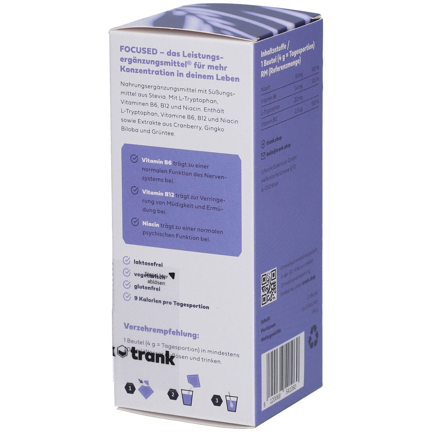 Seite der "FOCUSED" Getränkepulver-Box. Beschreibung, Inhaltsstoffe, Verzehrempfehlung. Marke: trank.