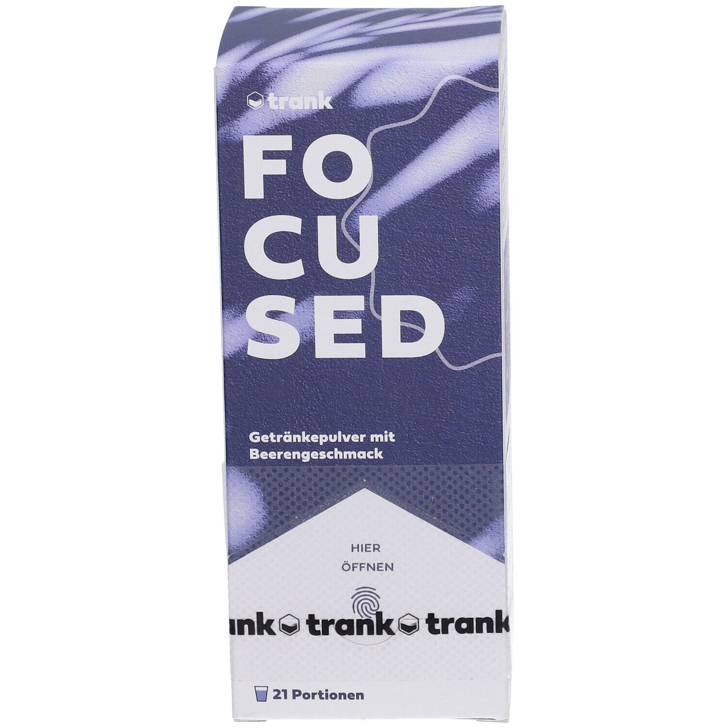 Vorderseite der "FOCUSED" Getränkepulver-Box. "Getränkepulver mit Beerengeschmack". Marke: trank. 21 Portionen.
