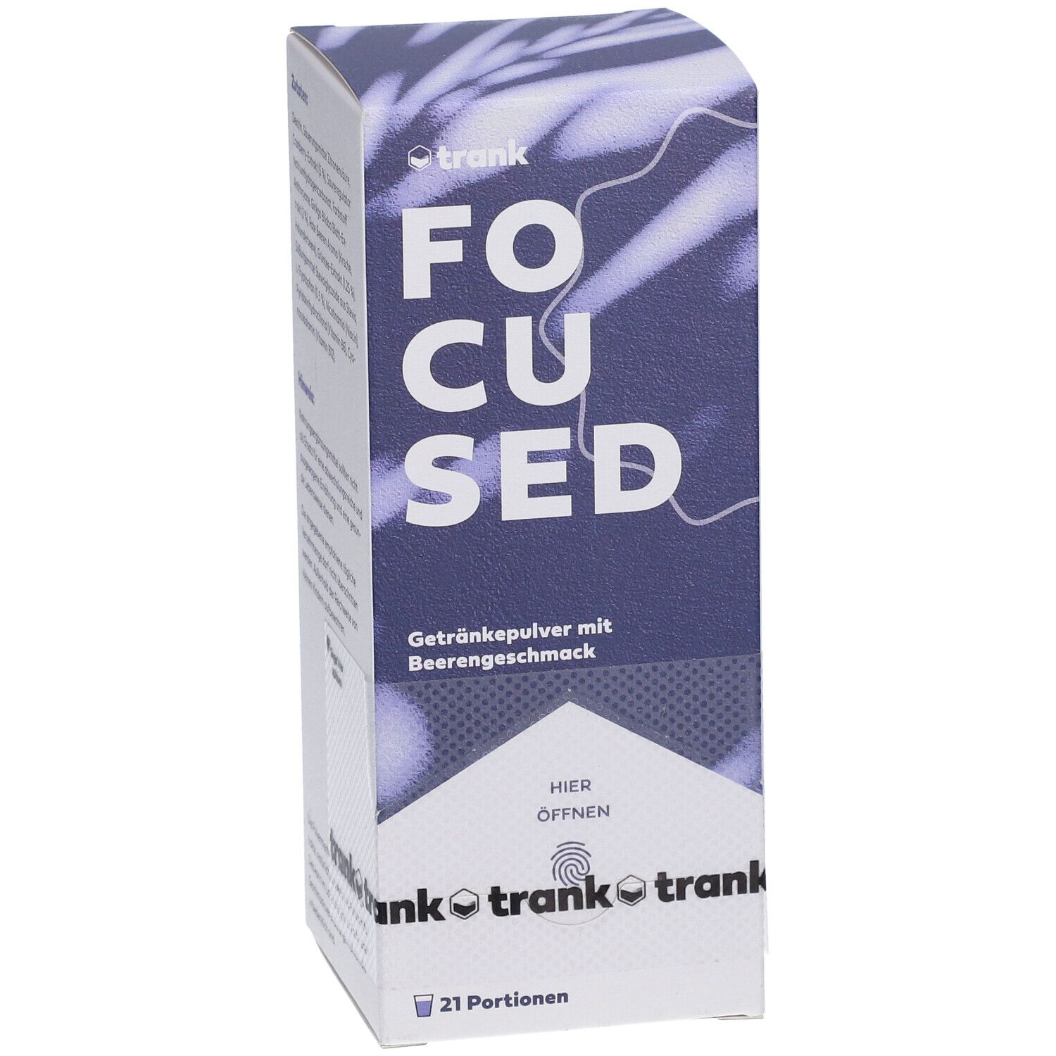 Vorderseite der "FOCUSED" Getränkepulver-Box. "Getränkepulver mit Beerengeschmack". Marke: trank. 21 Portionen.