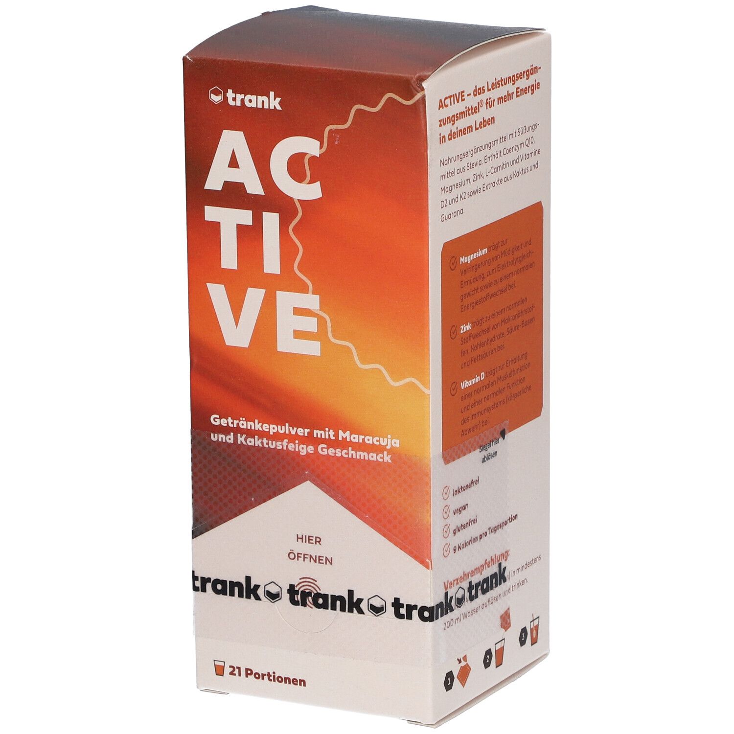Verpackung von ACTIVE Getränkepulver. Orange-weißes Design mit Produktnamen und Inhaltsangaben. 21 Portionen.