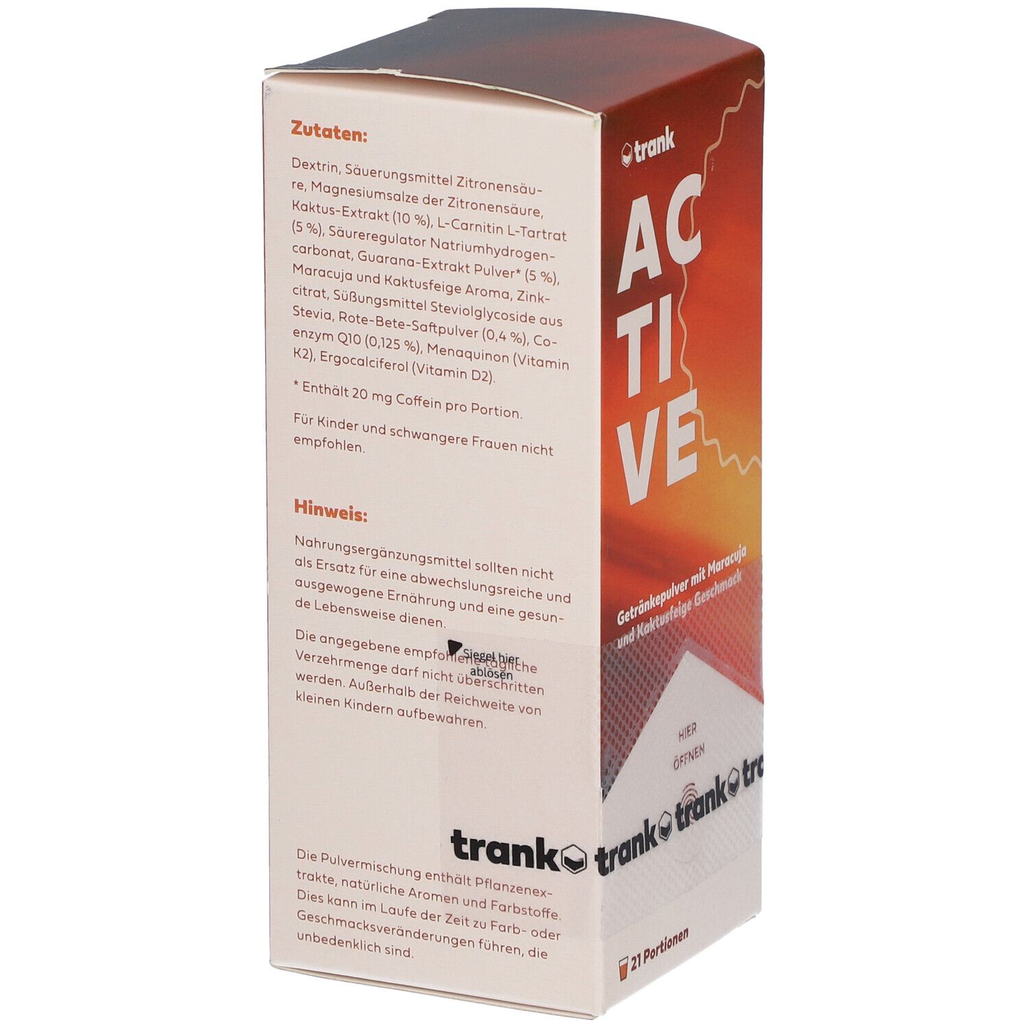 Verpackung von ACTIVE Getränkepulver. Rückseite mit Zutatenliste und Herstellerinformationen. 21 Portionen.