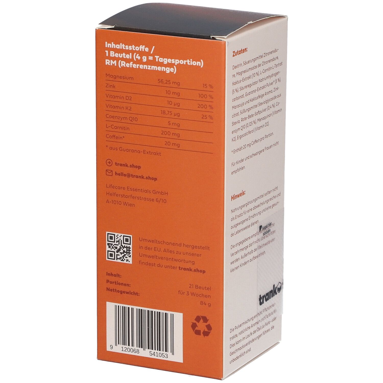 Verpackung von ACTIVE Getränkepulver. Seite mit Nährwertangaben und Herstelleradresse. 21 Portionen.