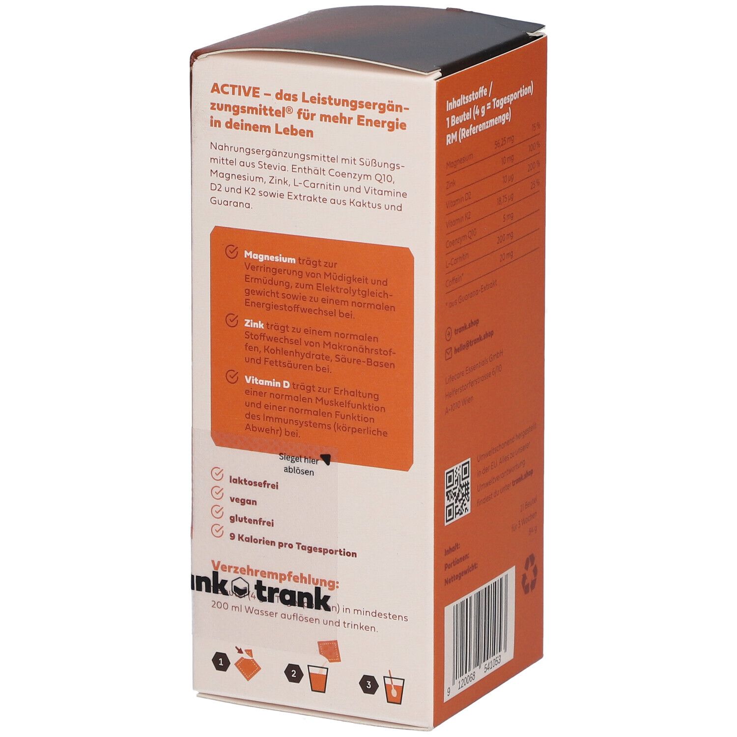 Verpackung von ACTIVE Getränkepulver. Seite mit Produktinformationen und Zubereitungshinweis. 21 Portionen.