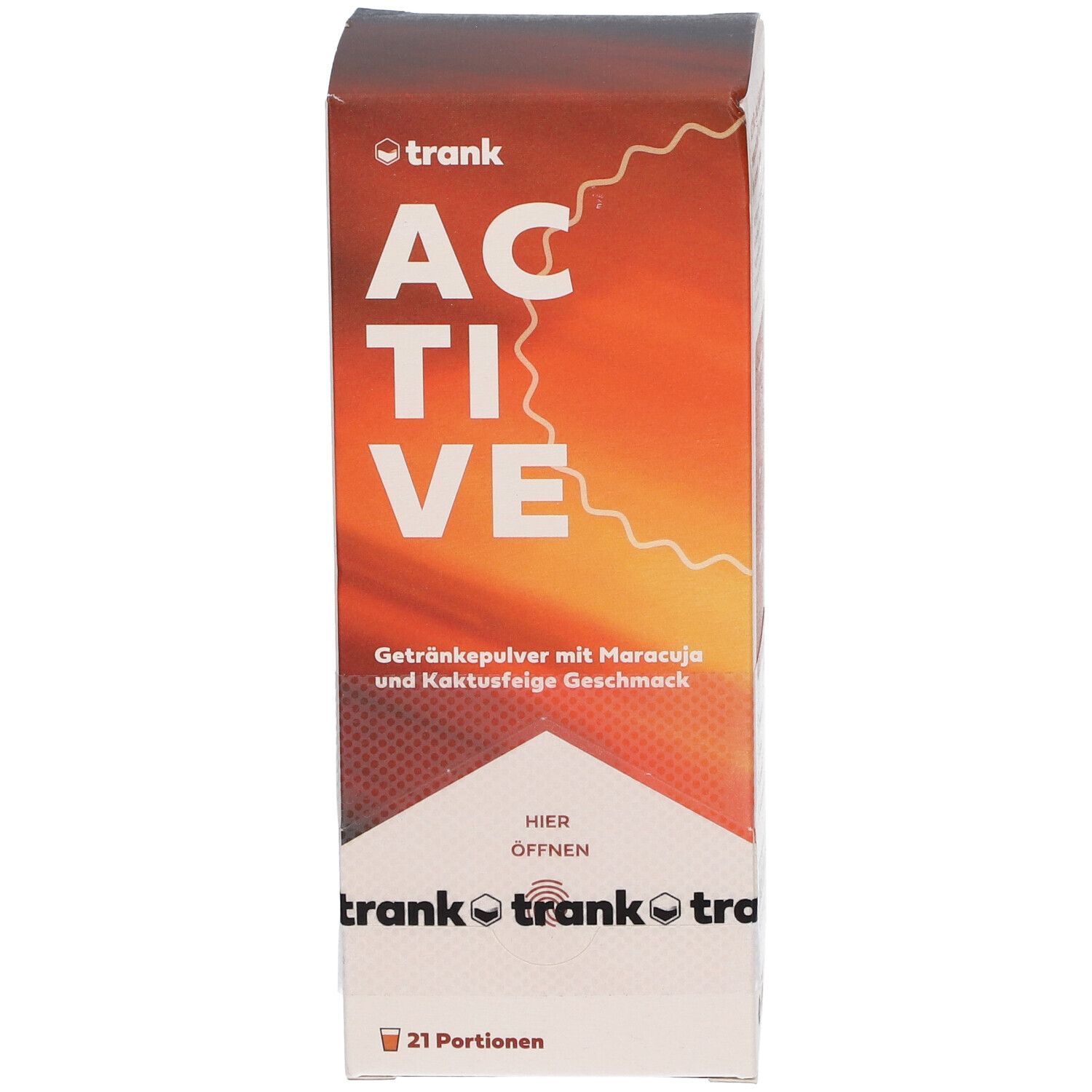 Verpackung von ACTIVE Getränkepulver. Vorderseite mit Produktnamen und Geschmacksangabe. 21 Portionen.