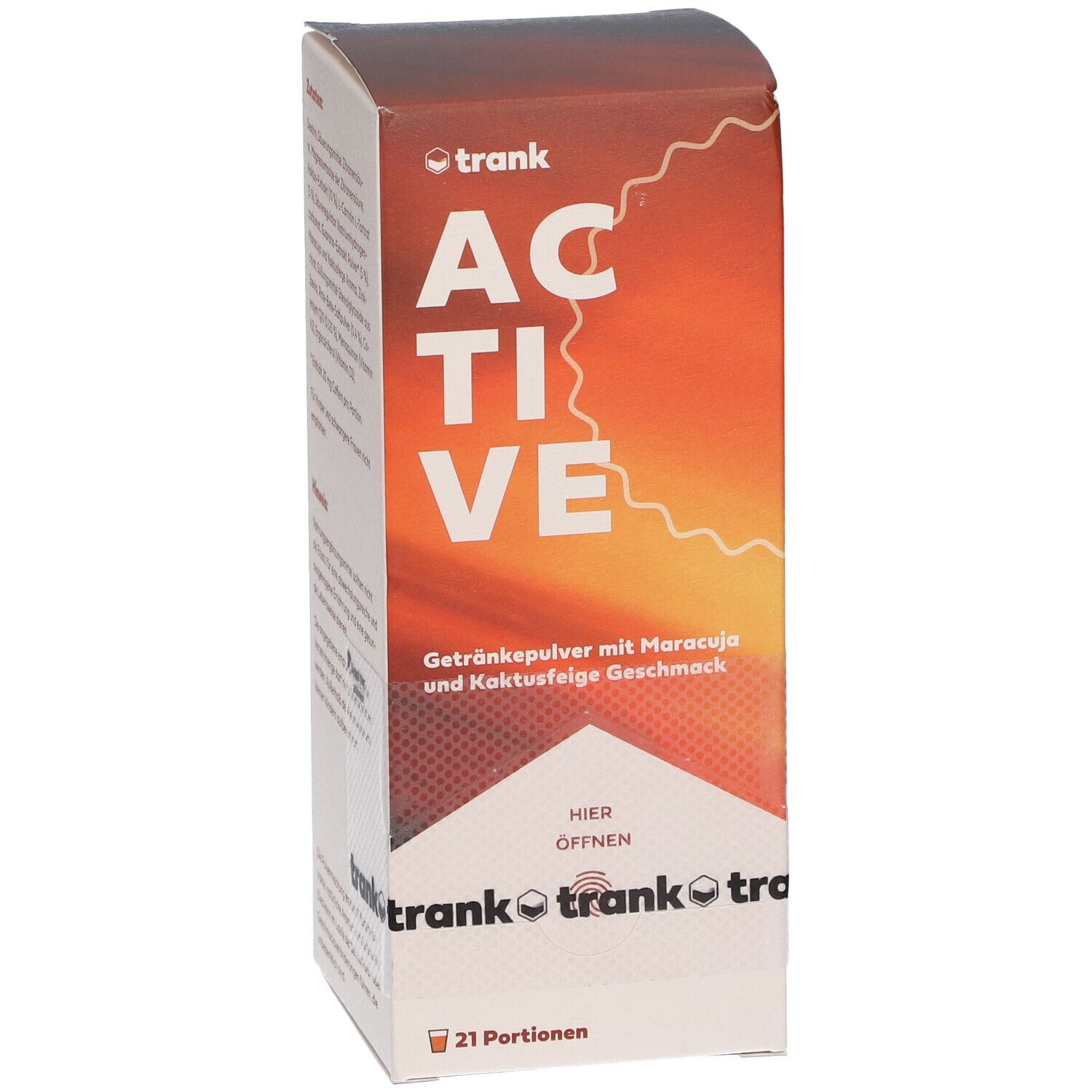 Verpackung von ACTIVE Getränkepulver. Schrägansicht, Produktname und Geschmacksangabe. 21 Portionen.