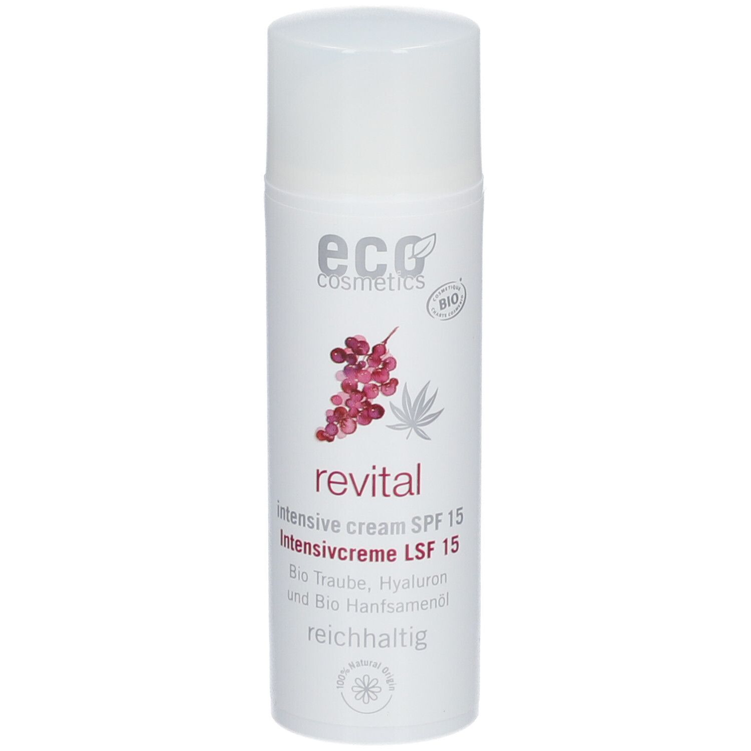 Weiße Flasche mit "eco cosmetics" und "revital" Aufdruck. Enthält Intensivcreme LSF 15. Bio-Siegel.