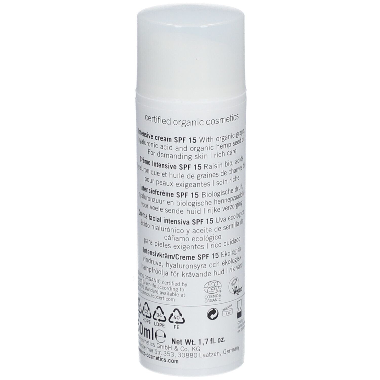 Weiße Flasche mit Text. Enthält 50ml Creme. "Certified organic cosmetics" und COSMOS ORGANIC Siegel.
