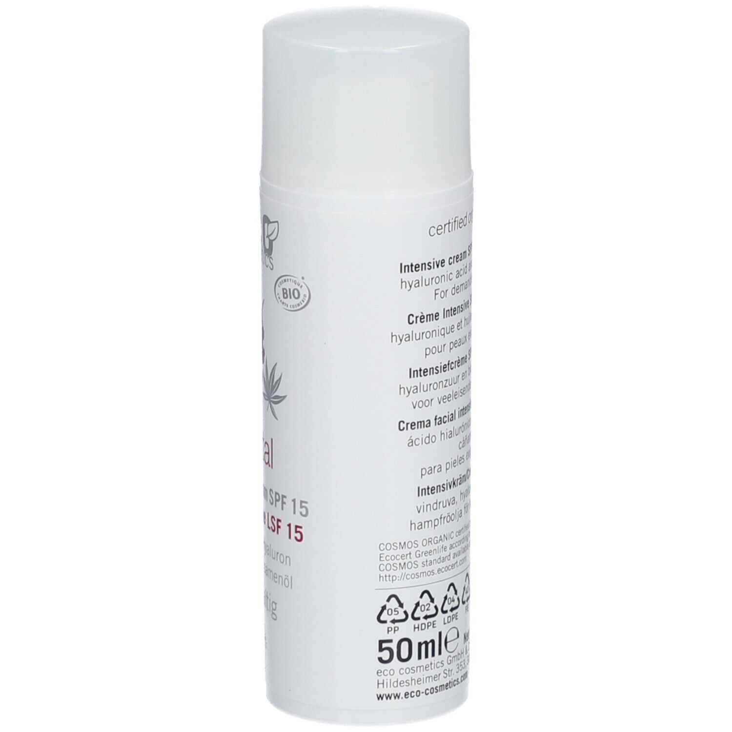 Weiße Flasche mit Text. Enthält 50ml Creme. "Certified organic cosmetics" und COSMOS ORGANIC Siegel.