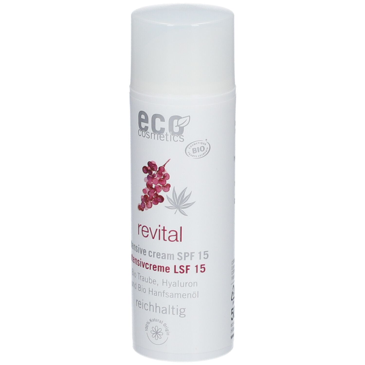 Weiße Flasche mit "eco cosmetics" und "revital" Aufdruck. Enthält Intensivcreme LSF 15. Bio-Siegel.