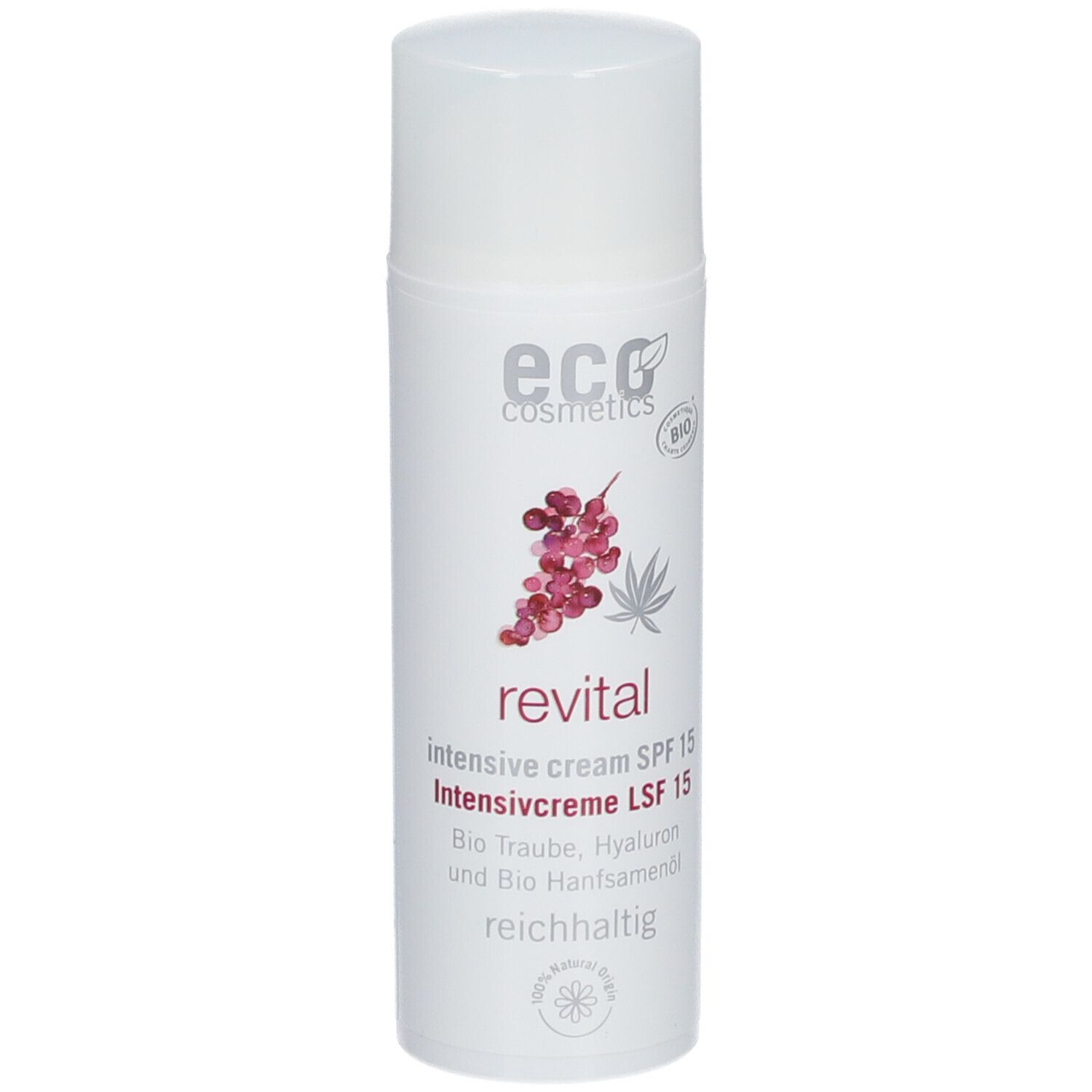 Weiße Flasche mit "eco cosmetics" und "revital" Aufdruck. Enthält Intensivcreme LSF 15. Bio-Siegel.