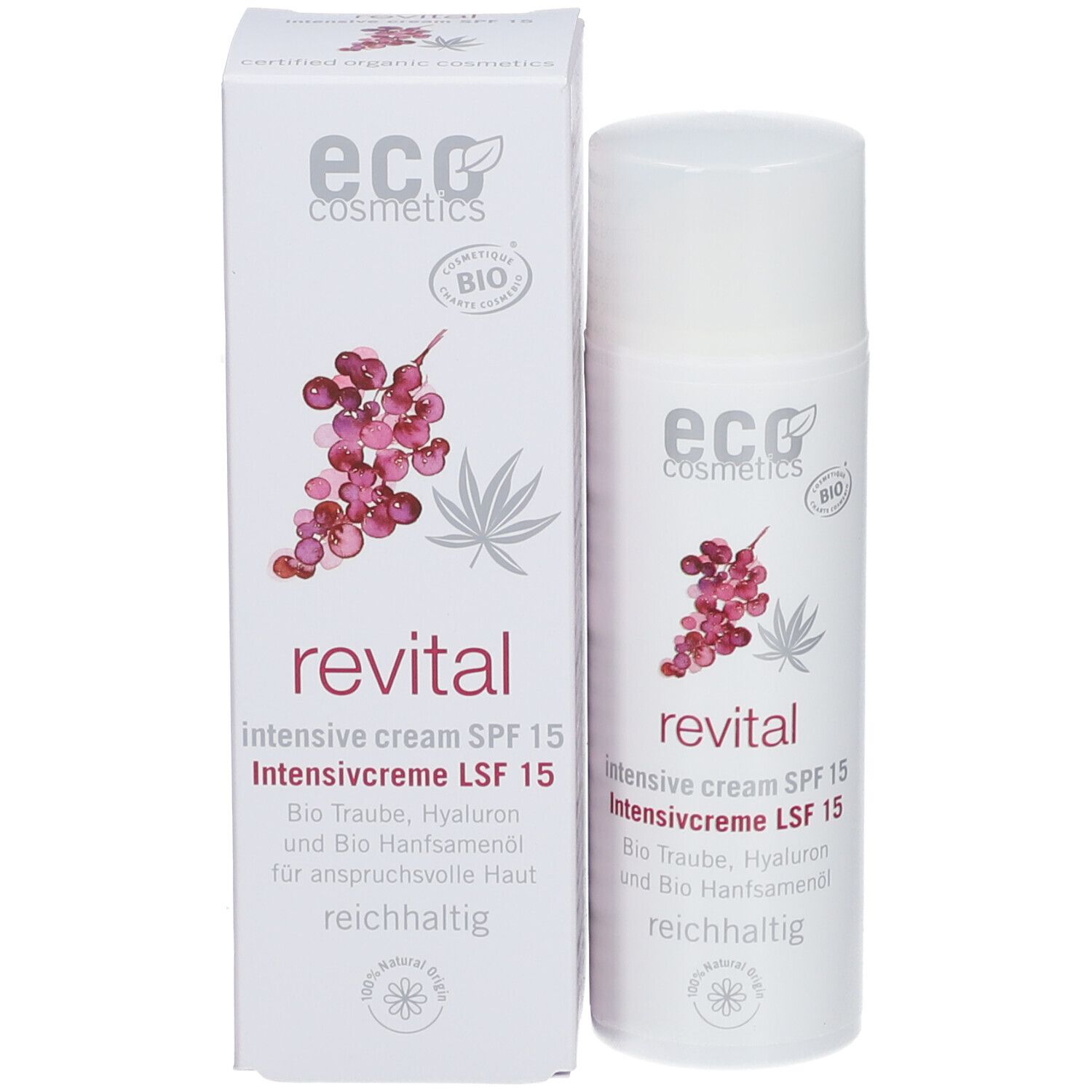 Produktverpackung mit Flasche und Karton. "eco cosmetics" und "revital" Aufdruck. Intensivcreme LSF 15.