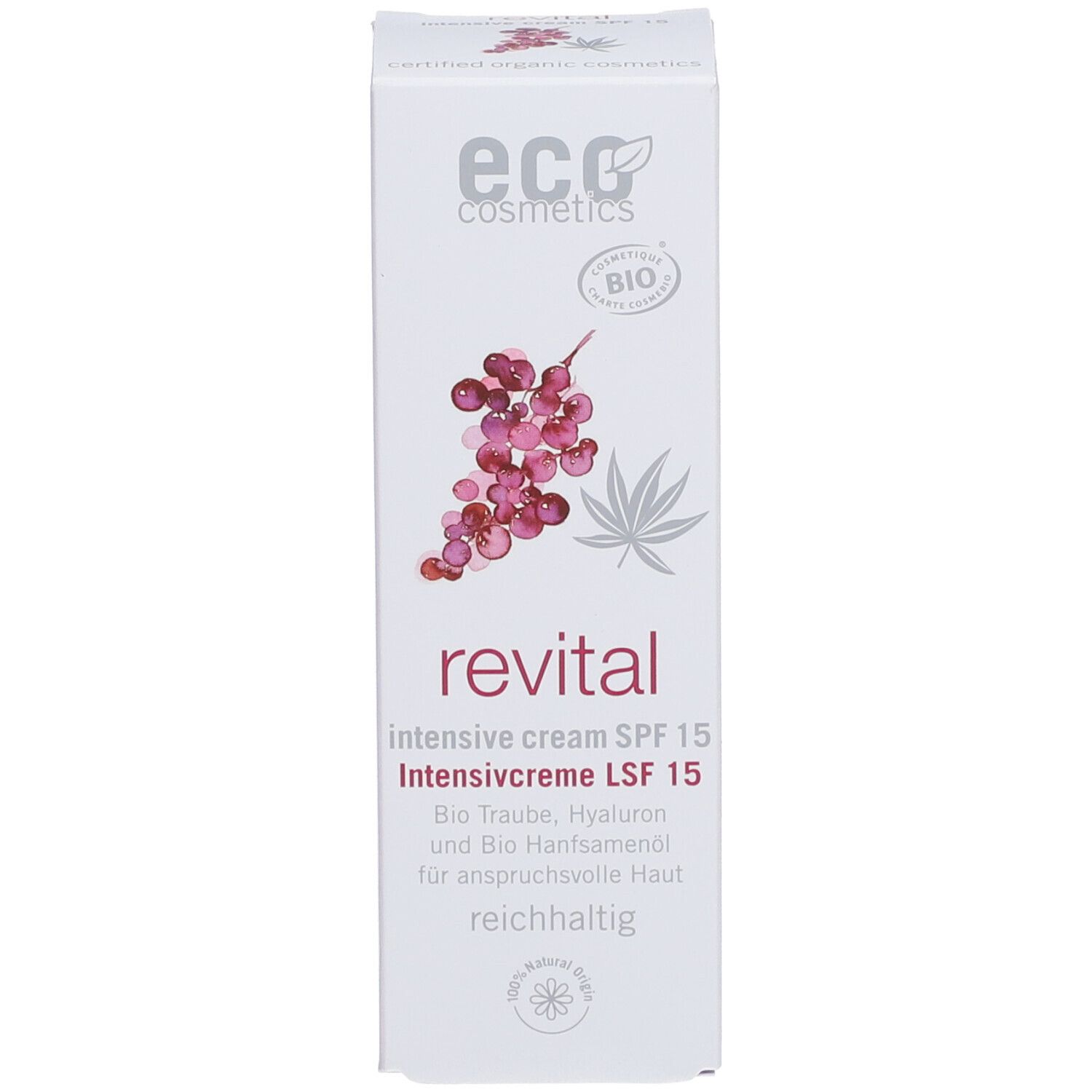 Kartonverpackung mit "eco cosmetics" und "revital" Aufdruck. Intensivcreme LSF 15. Bio-Siegel.