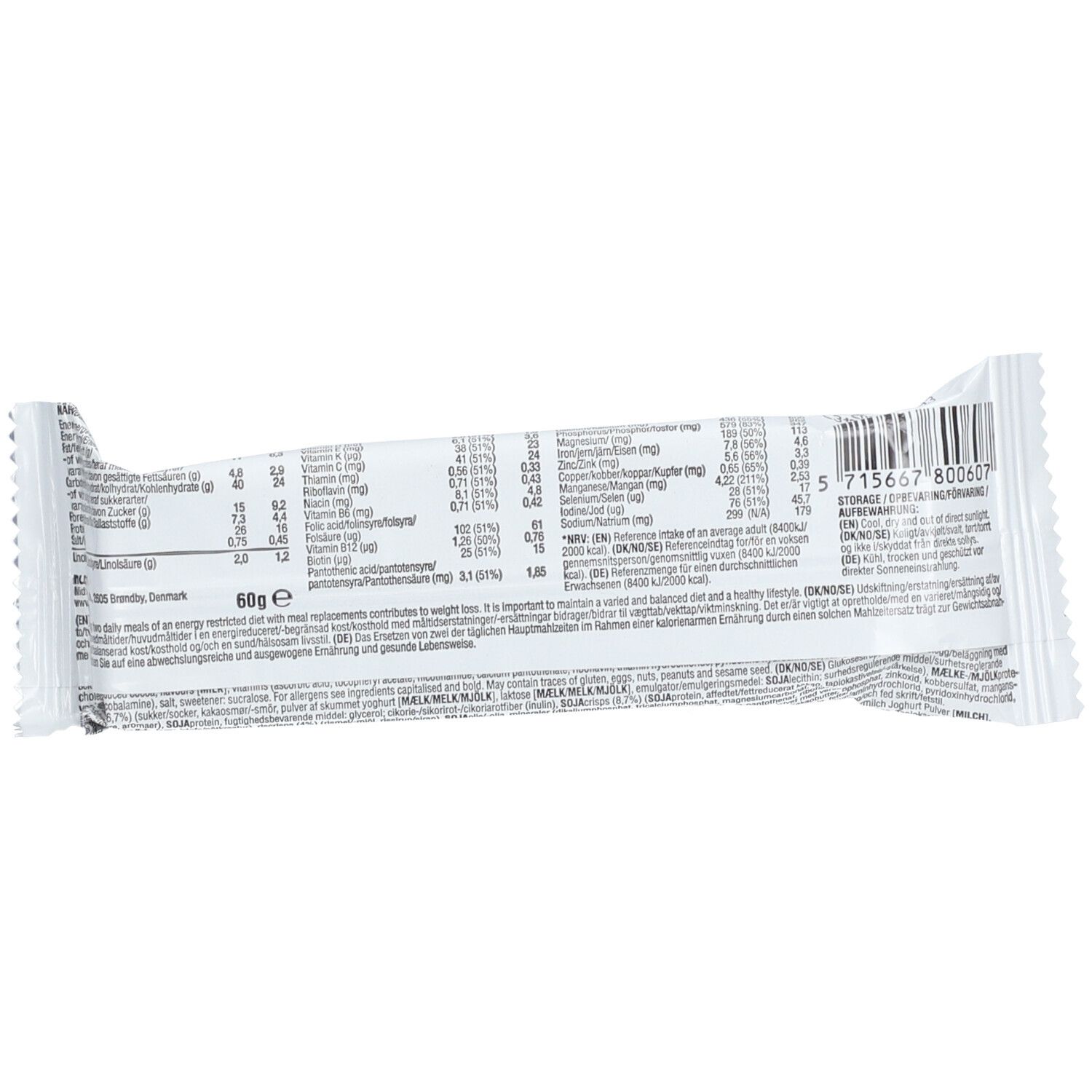 Rückseite der Riegelverpackung. Enthält Nährwertangaben und Barcode. Weiße Verpackung mit schwarzer Schrift.