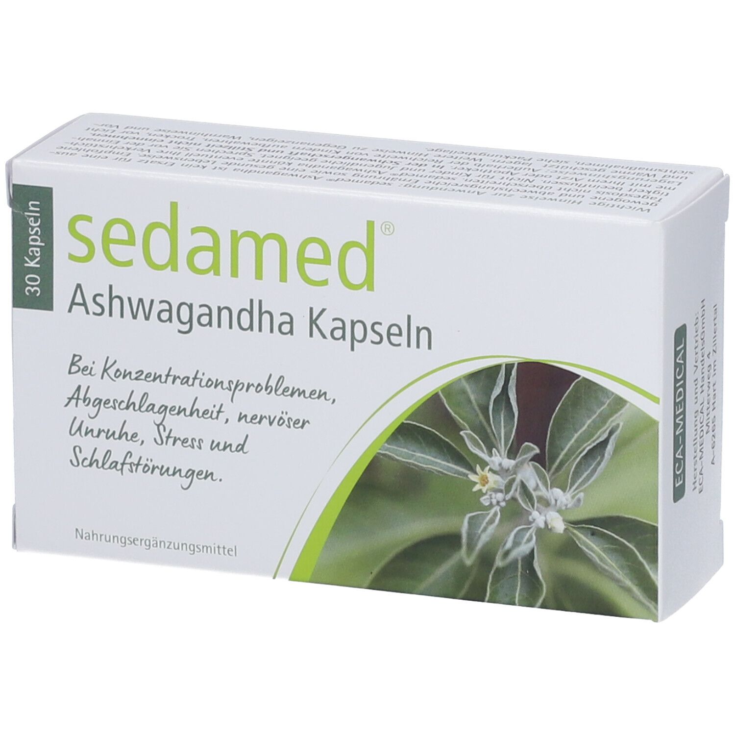 Schachtel mit "sedamed Ashwagandha Kapseln". Grün-weiße Verpackung mit floralem Motiv. 30 Kapseln. Nahrungsergänzungsmittel.