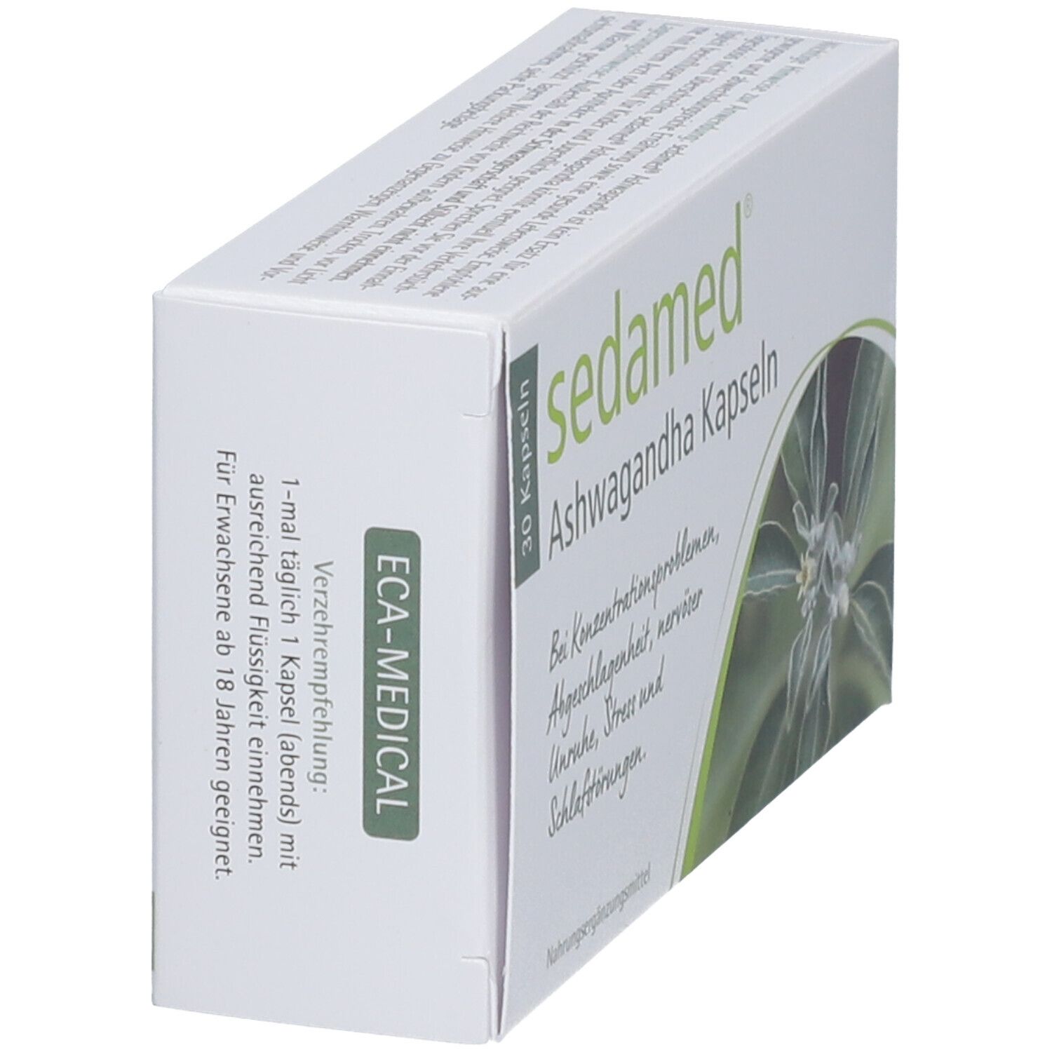 Schachtel "sedamed Ashwagandha Kapseln" von der Seite. Grüne Aufschrift "ECA-MEDICAL". 30 Kapseln. Verzehrempfehlung.