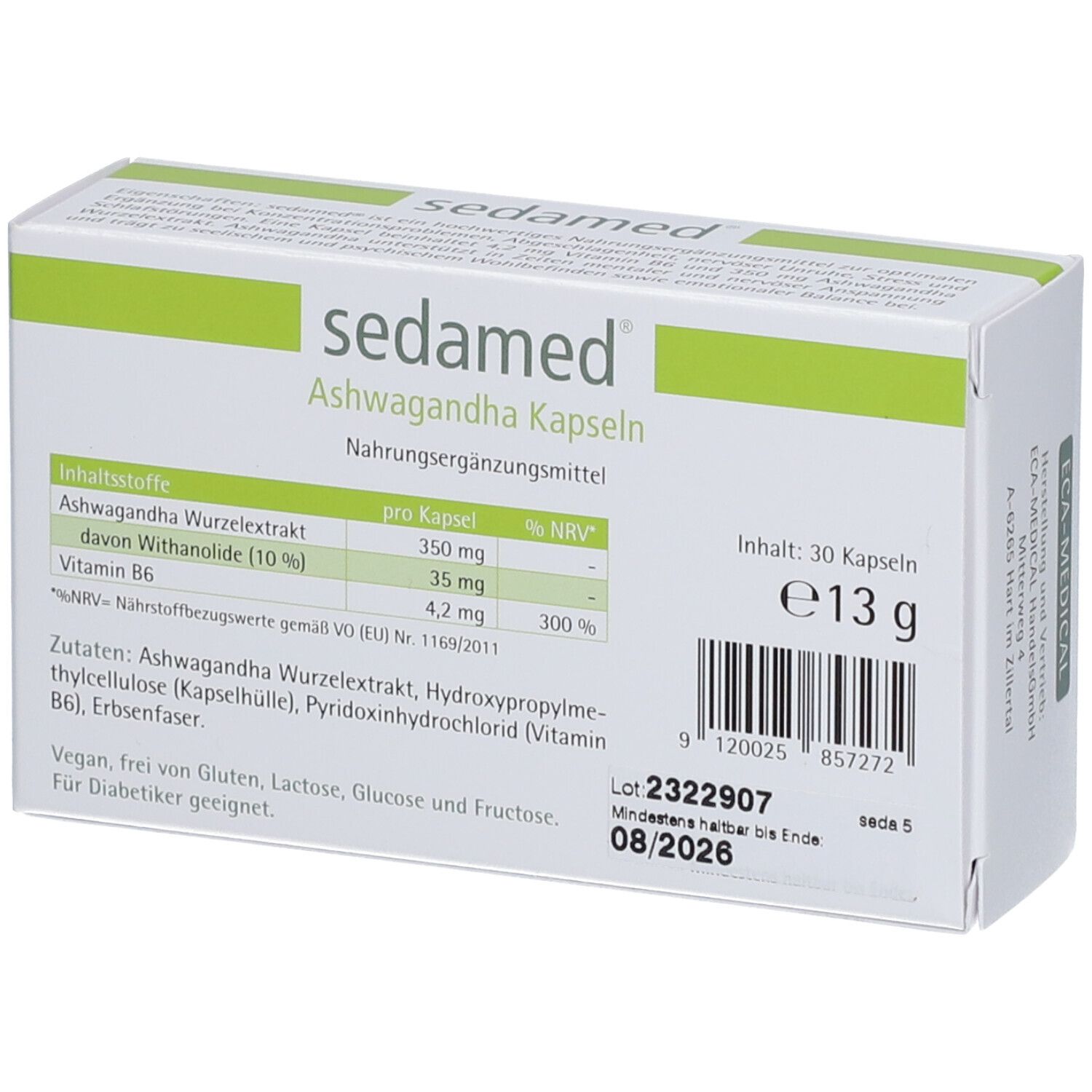 Rückseite der Schachtel "sedamed Ashwagandha Kapseln". Inhaltsstoffe, Nährwertangaben, Chargennummer, Mindesthaltbarkeit.