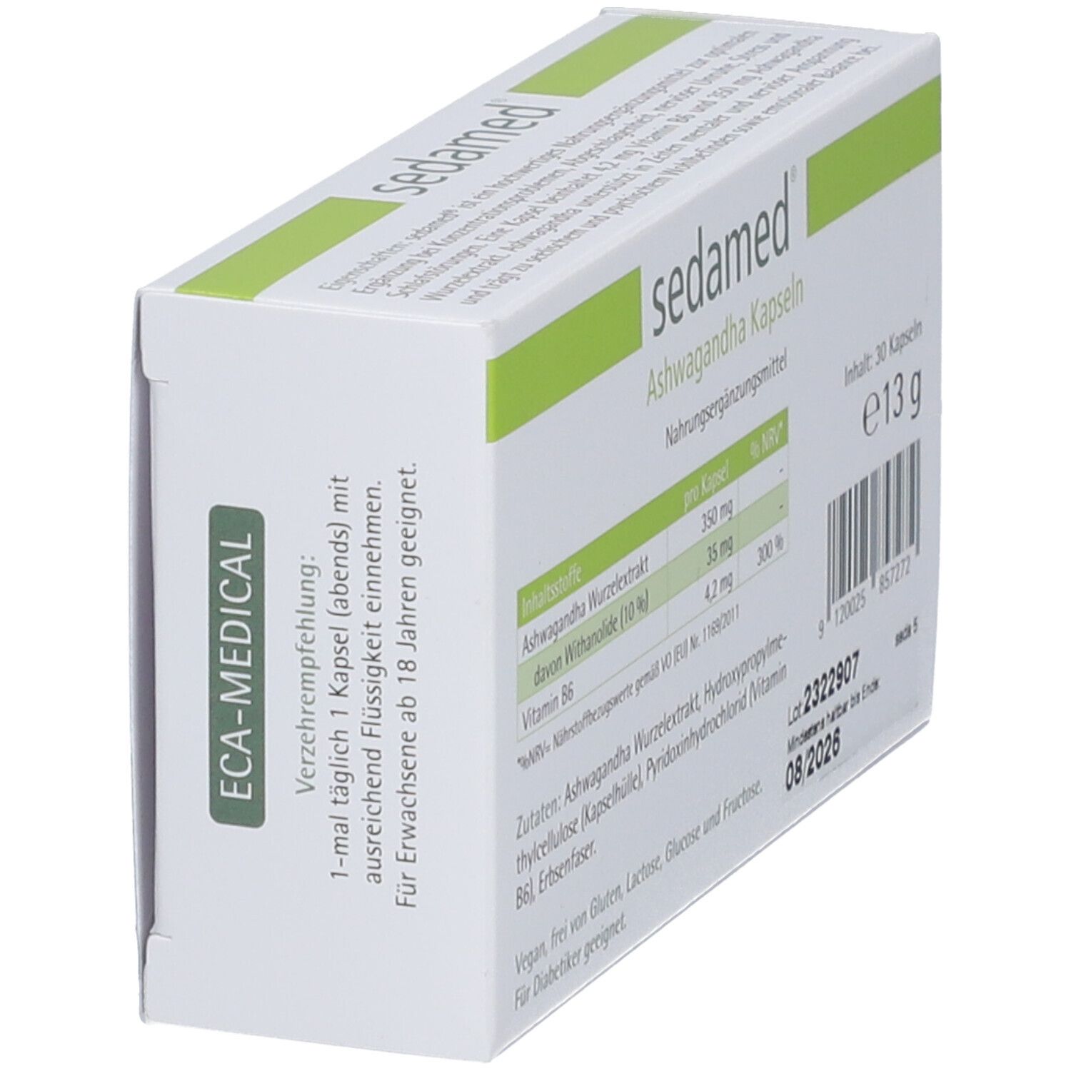 Seitenansicht der Schachtel "sedamed Ashwagandha Kapseln". Grüne Aufschrift "ECA-MEDICAL". Inhaltsstoffe, Chargennummer.