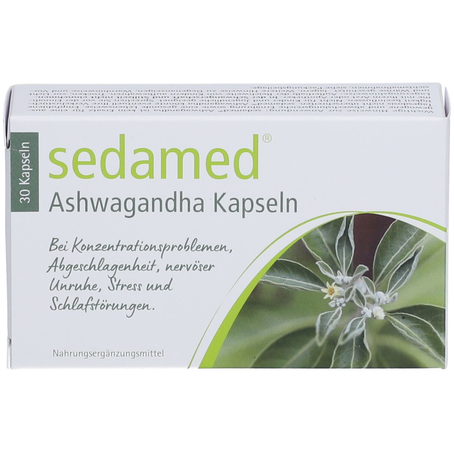 Schachtel "sedamed Ashwagandha Kapseln". Grün-weiße Verpackung mit floralem Motiv. 30 Kapseln. Nahrungsergänzungsmittel.