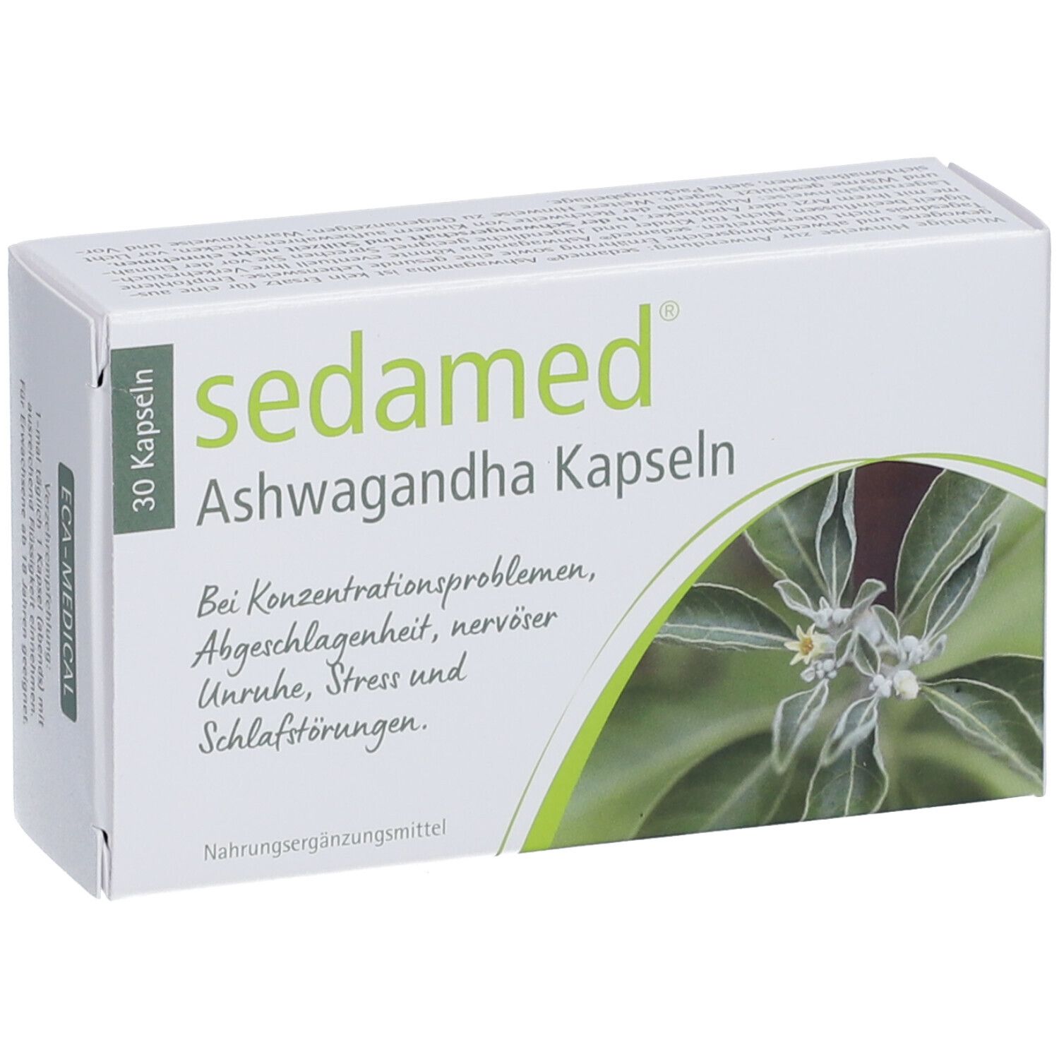 Schachtel "sedamed Ashwagandha Kapseln". Grün-weiße Verpackung mit floralem Motiv. 30 Kapseln. Nahrungsergänzungsmittel.