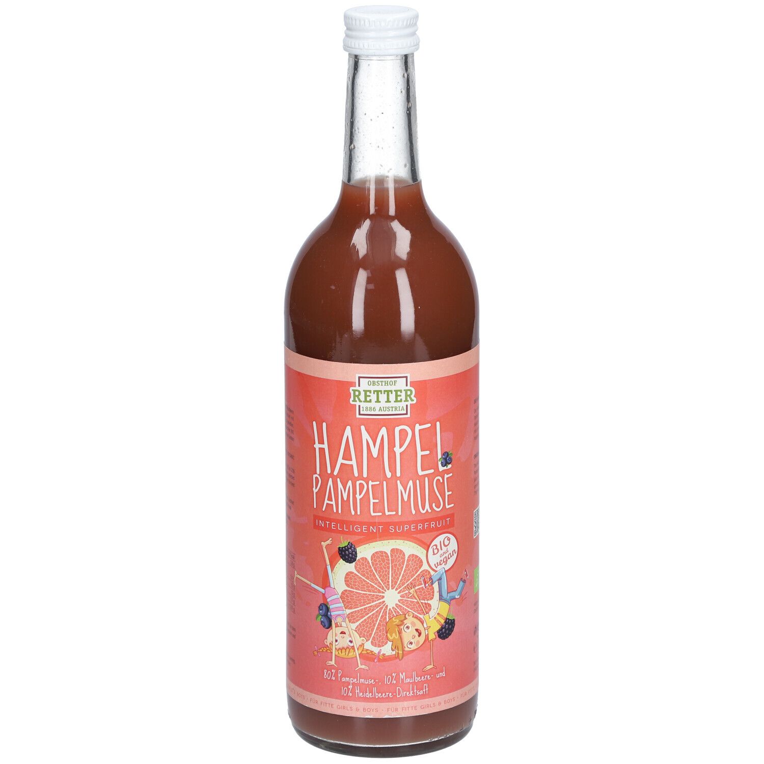 Glasflasche mit rosa Etikett. Aufschrift: Hampel-Pampelmuse, Bio. Illustration einer Grapefruit. Weißer Deckel.