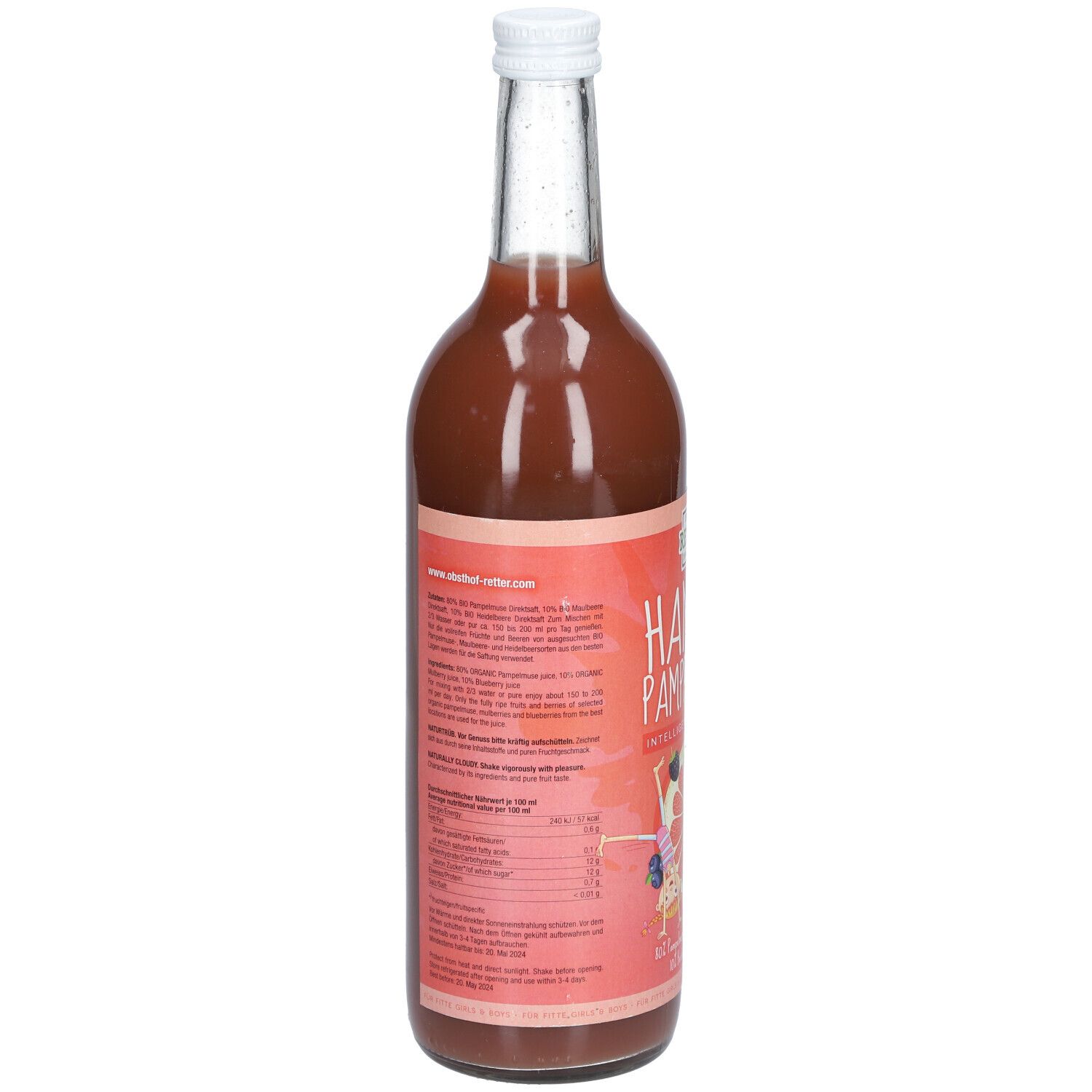 Rückseite der Glasflasche. Rosa Etikett mit Text. Informationen zu Inhaltsstoffen und Nährwerten. Weißer Deckel.