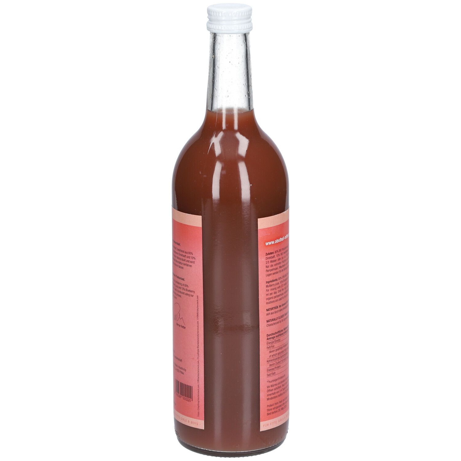 Glasflasche, Rückansicht. Rosa Etikett mit Text. Informationen zu Inhaltsstoffen und Nährwerten. Weißer Deckel.