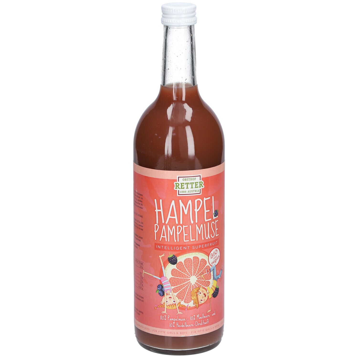 Glasflasche mit rosa Etikett. Aufschrift: Hampel-Pampelmuse, Bio. Illustration einer Grapefruit. Weißer Deckel.