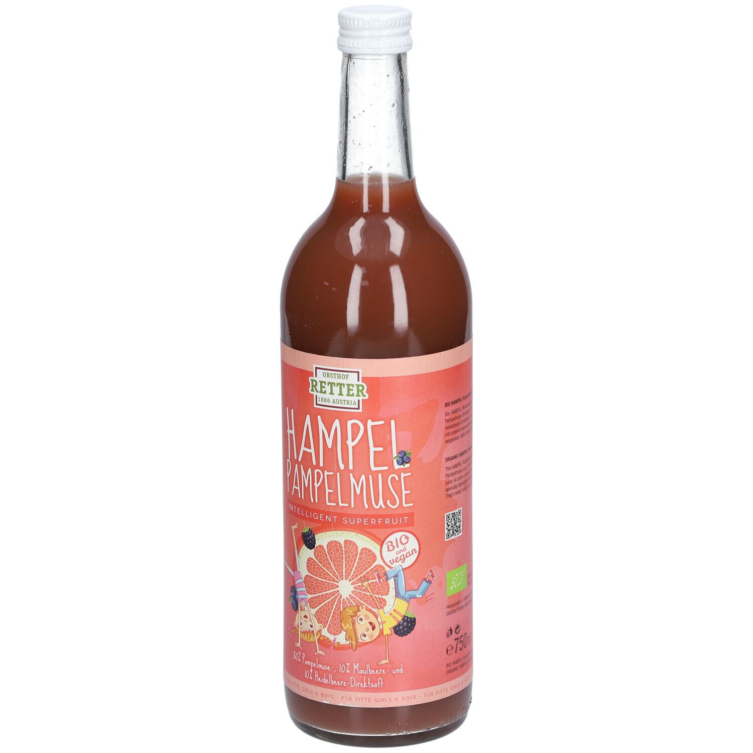 Glasflasche mit rosa Etikett. Aufschrift: Hampel-Pampelmuse, Bio. Illustration einer Grapefruit. Weißer Deckel. Bio-Siegel.