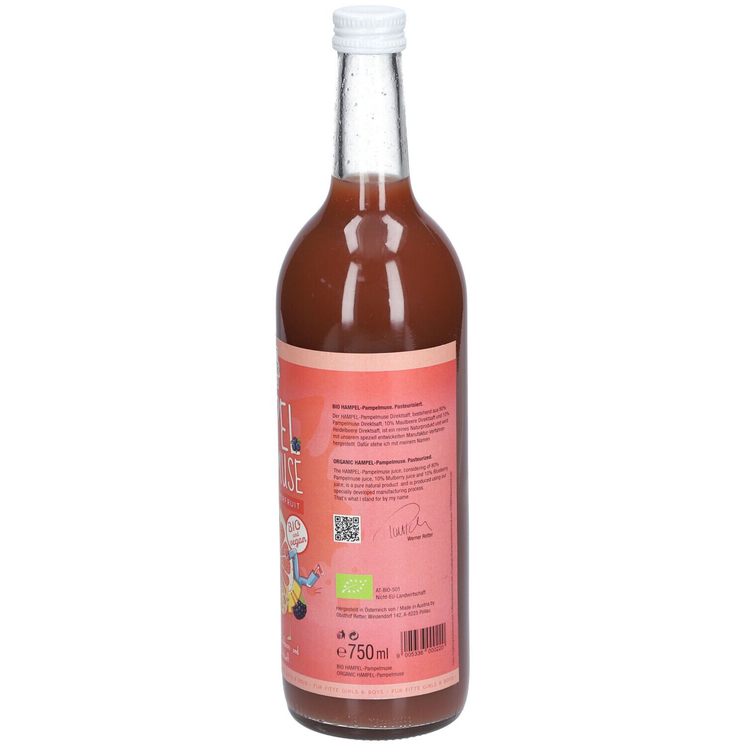 Rückseite der Glasflasche. Rosa Etikett mit Text. Informationen zu Inhaltsstoffen und Nährwerten. Bio-Siegel. 750ml.