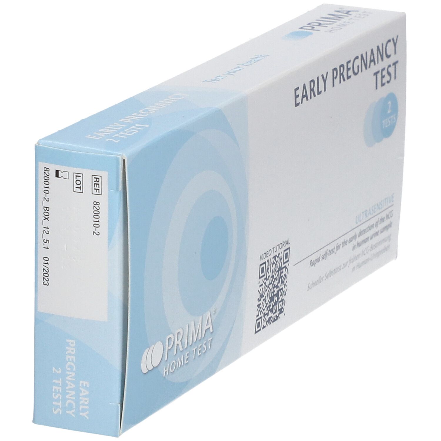 Schachtel des Schwangerschaftstests. Blaue und weiße Verpackung mit Produktnamen und Logo.