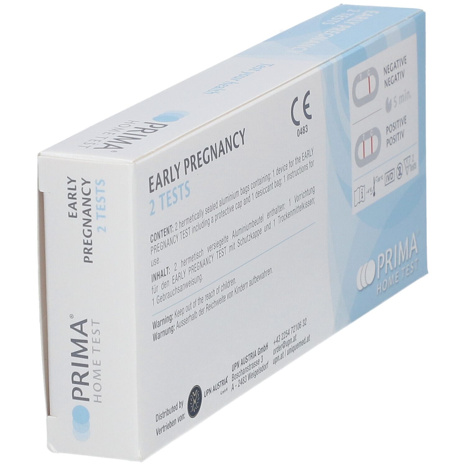 Rückseite der Schwangerschaftstest-Verpackung. Enthält Testergebnisse und Produktinformationen.