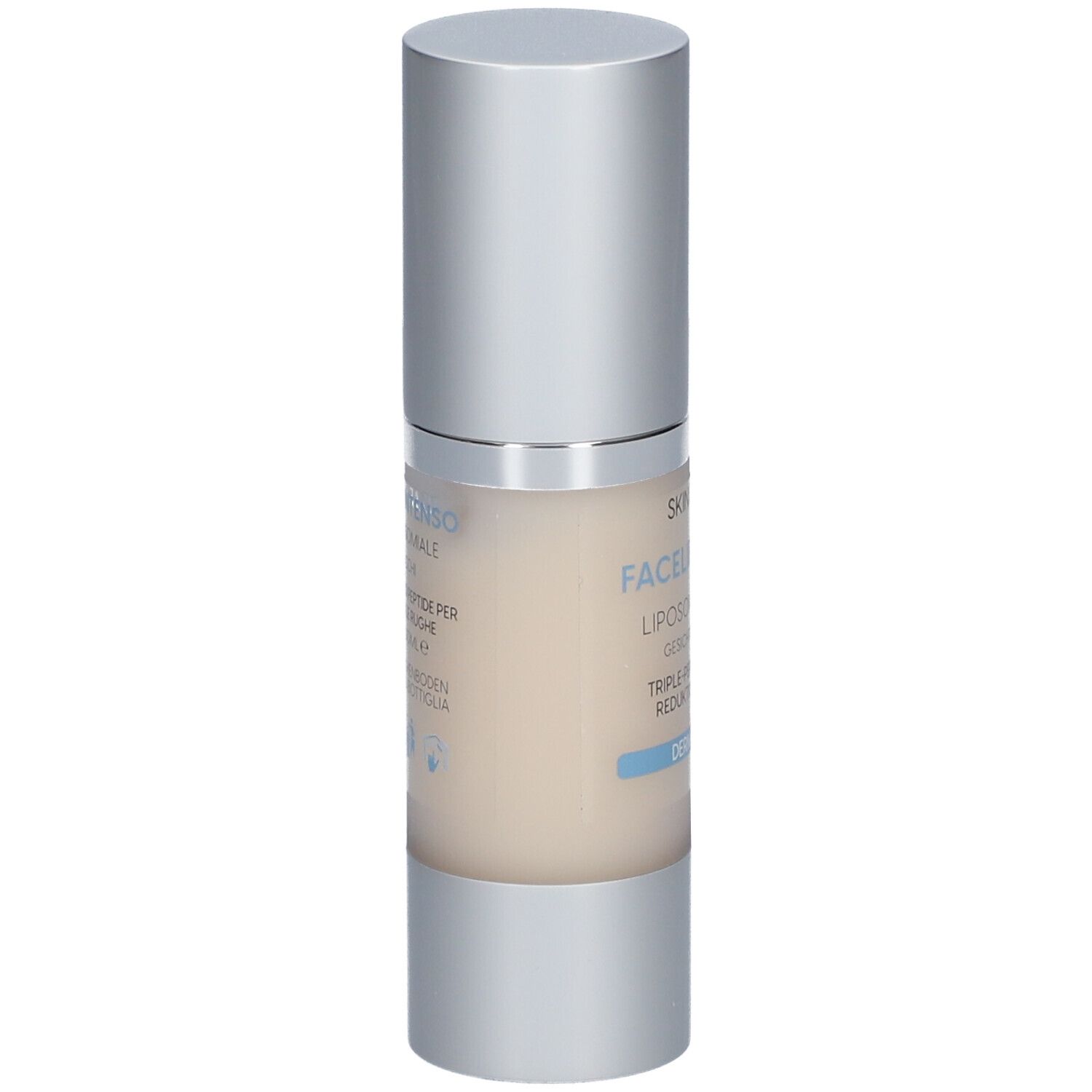 SKIN DISTINCT® Facelift Intense Serum, Flasche. Text: Liposomales Serum, Gesicht/Augen, Tag.