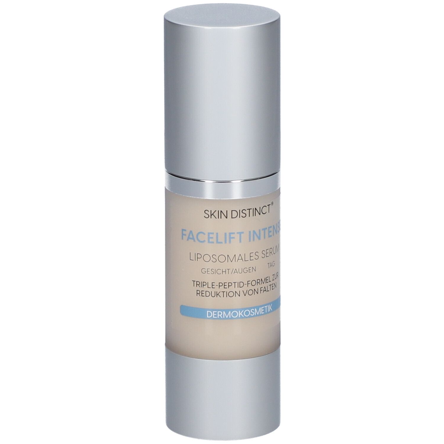 SKIN DISTINCT® Facelift Intense Serum, Flasche. Text: Liposomales Serum, Gesicht/Augen, Tag.