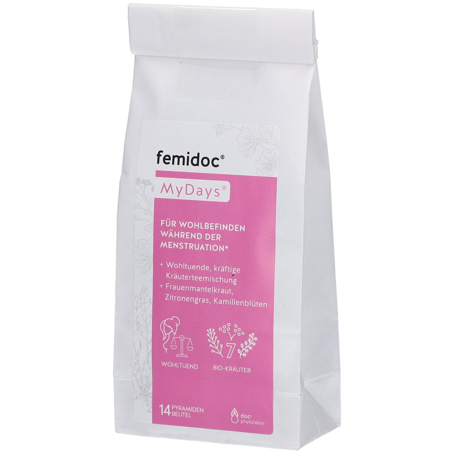 Weißer Beutel mit rosa Etikett. Aufschrift: femidoc MyDays, Kräutermischung. 14 Pyramidenbeutel.