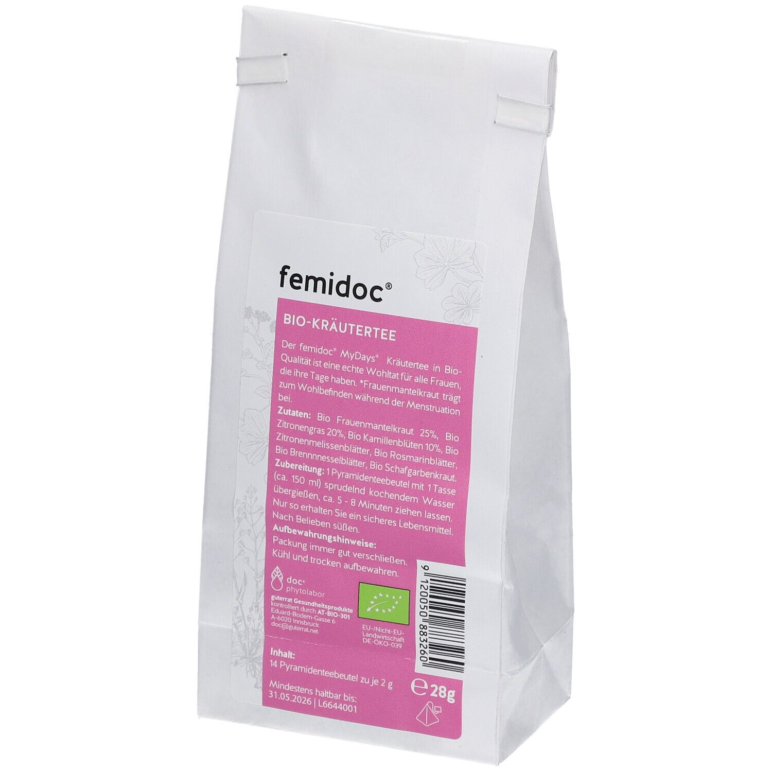 Weißer Beutel mit rosa Etikett. Aufschrift: femidoc Bio-Kräutertee. 28g, 14 Pyramidenbeutel. Bio-Siegel.