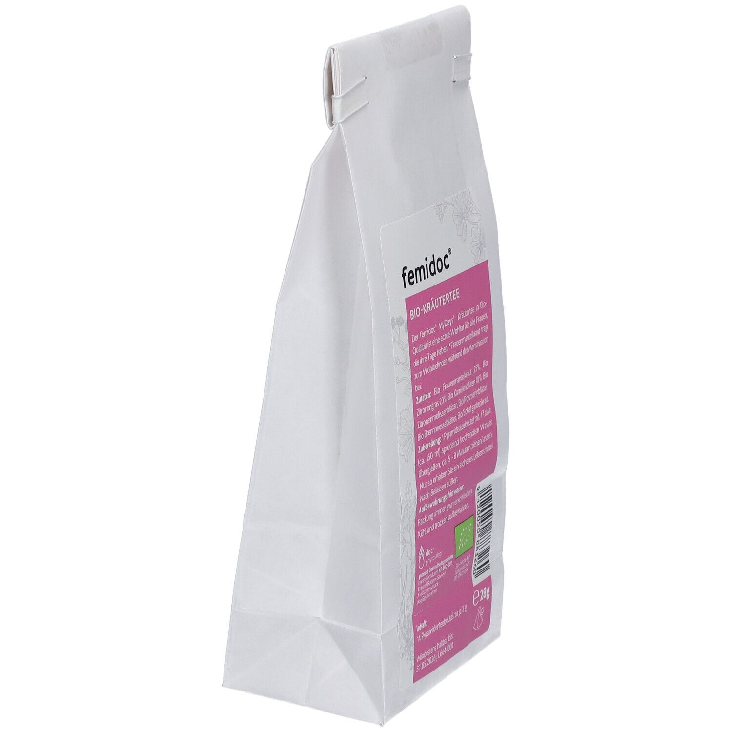 Weißer Beutel, seitliche Ansicht. Rosa Etikett mit Aufschrift: femidoc Bio-Kräutertee. Bio-Siegel.