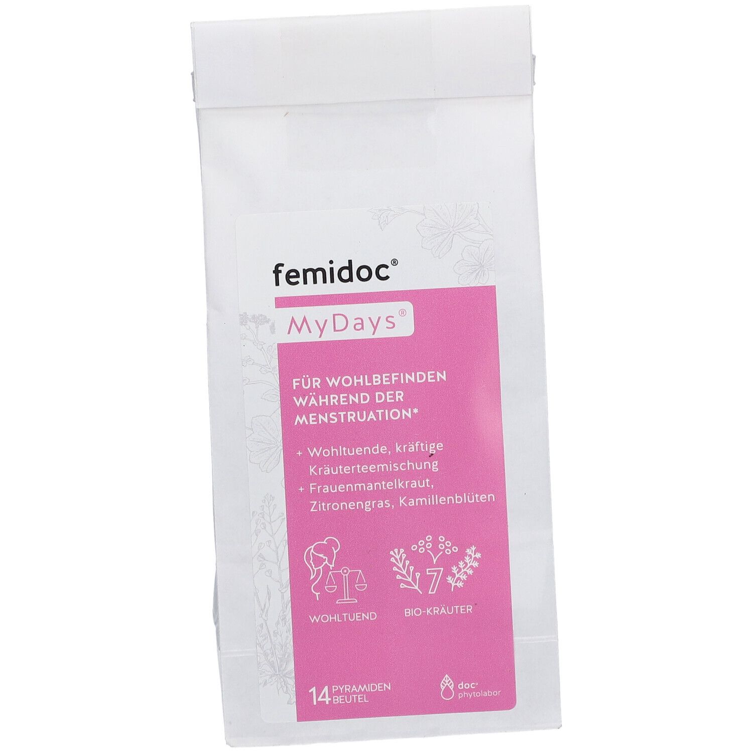 Weißer Beutel mit rosa Etikett. Aufschrift: femidoc MyDays, Kräutermischung. 14 Pyramidenbeutel.