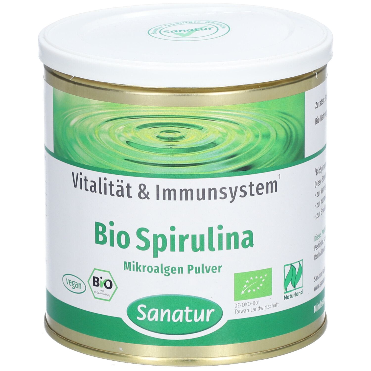 Runde Dose mit weißem Deckel. Aufschrift: Bio Spirulina Mikroalgen Pulver. Sanatur-Logo. Grün-weiße Etikettierung.