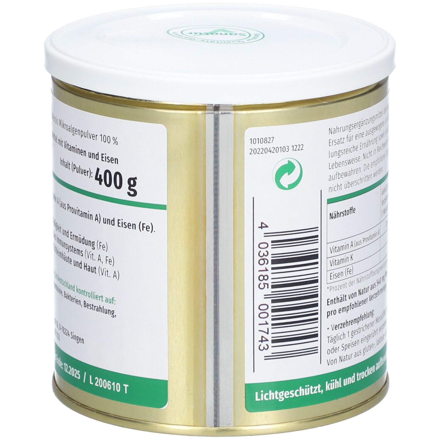 Dose mit weißem Deckel. Aufschrift: 400 g. Text mit Inhaltsangaben. Grün-weißes Etikett. Sanatur-Logo. Dose aus Metall.