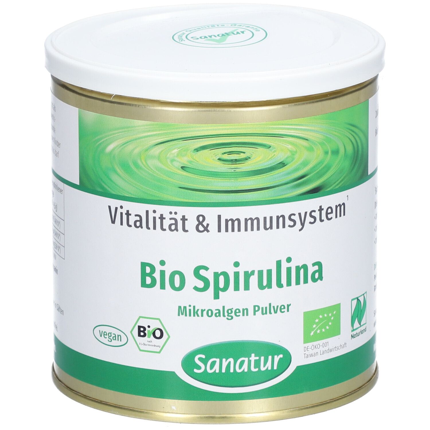 Runde Dose mit weißem Deckel. Aufschrift: Bio Spirulina Mikroalgen Pulver. Sanatur-Logo. Grün-weiße Etikettierung.
