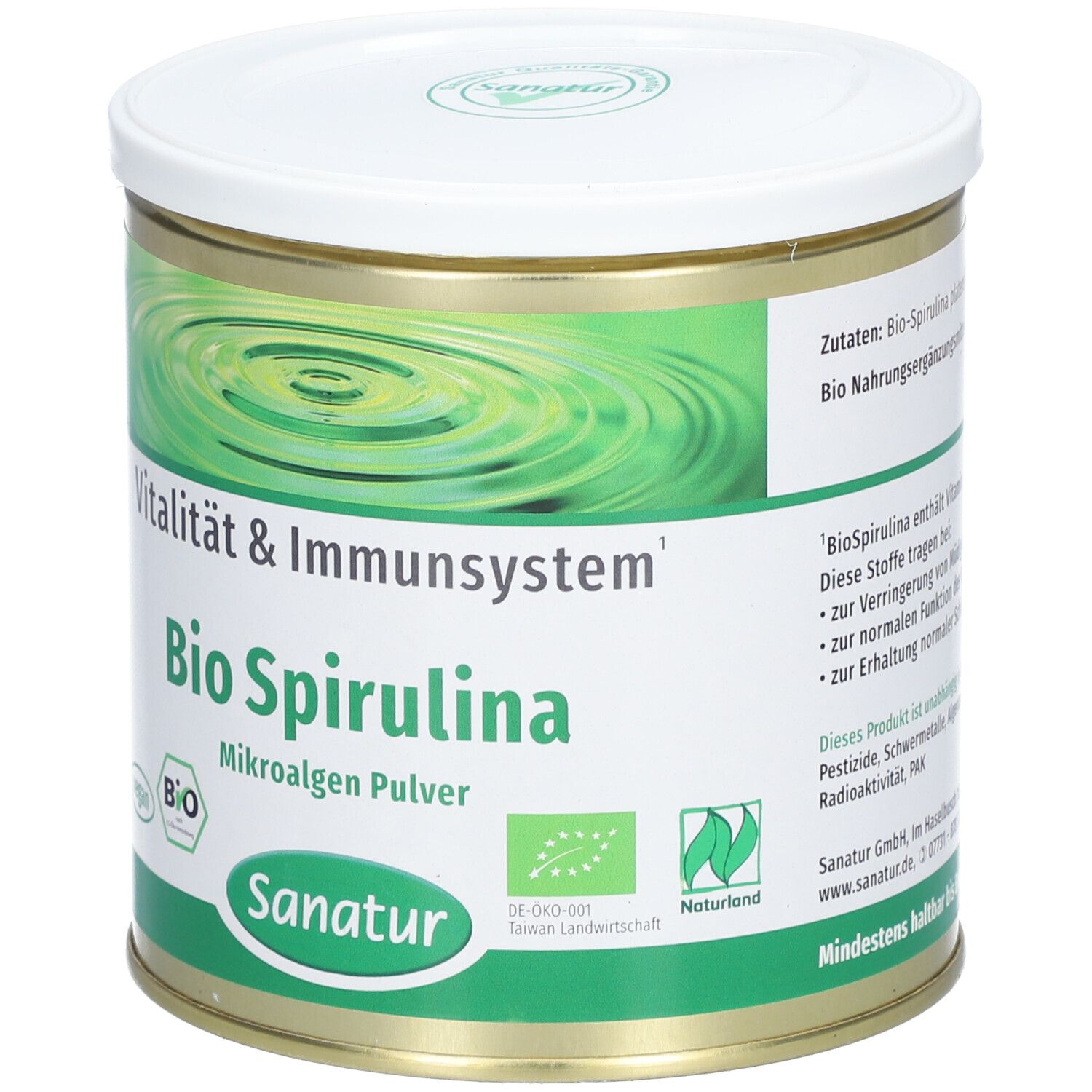 Runde Dose mit weißem Deckel. Aufschrift: Bio Spirulina Mikroalgen Pulver. Sanatur-Logo. Grün-weiße Etikettierung.