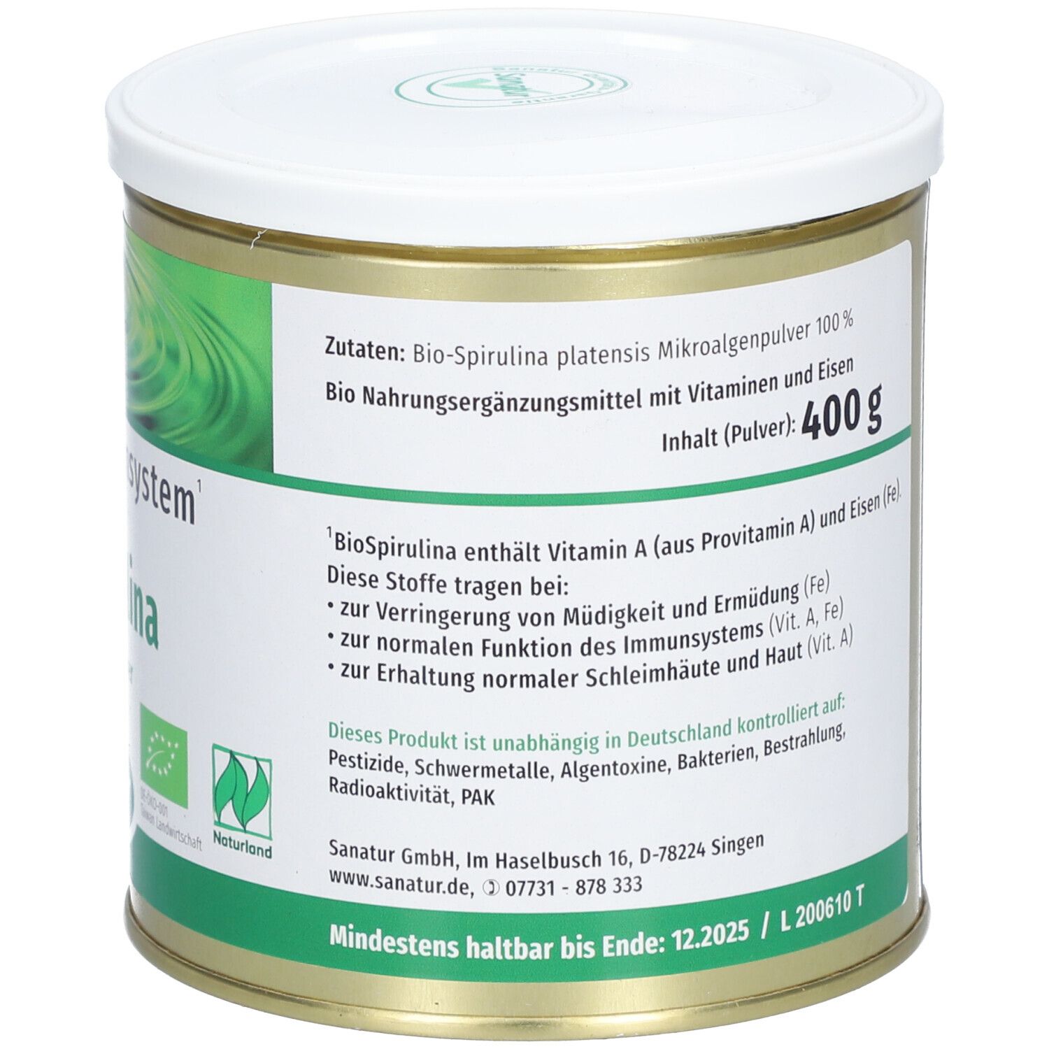 Rückseite der Dose. Text mit Inhaltsangaben und Mindesthaltbarkeitsdatum. Grün-weißes Etikett. Sanatur-Logo. Dose aus Metall.