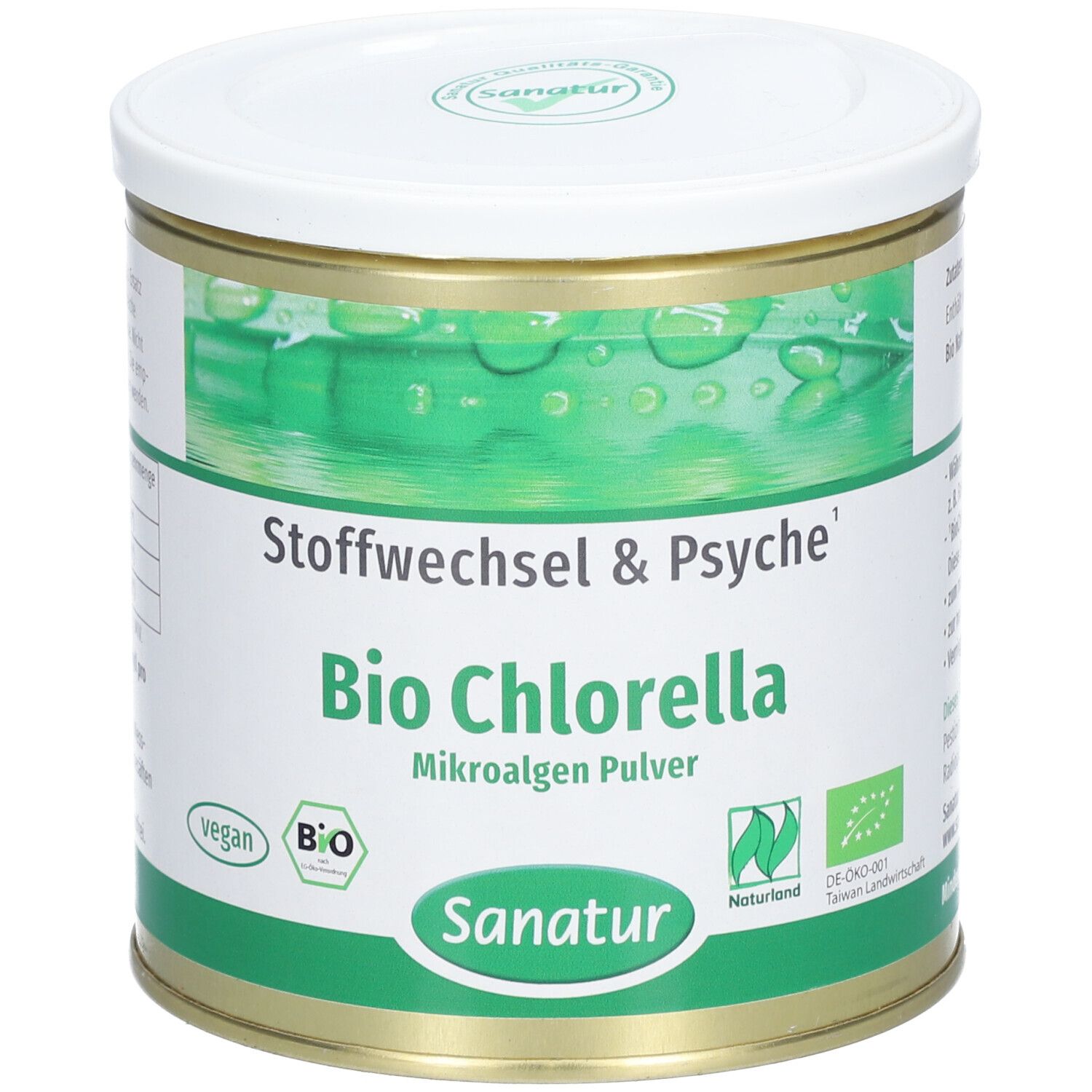 Runde Dose mit weißem Deckel. Aufschrift: Bio Chlorella, Mikroalgen Pulver. Grün-weiße Etikettierung. Vegan- und Bio-Siegel.