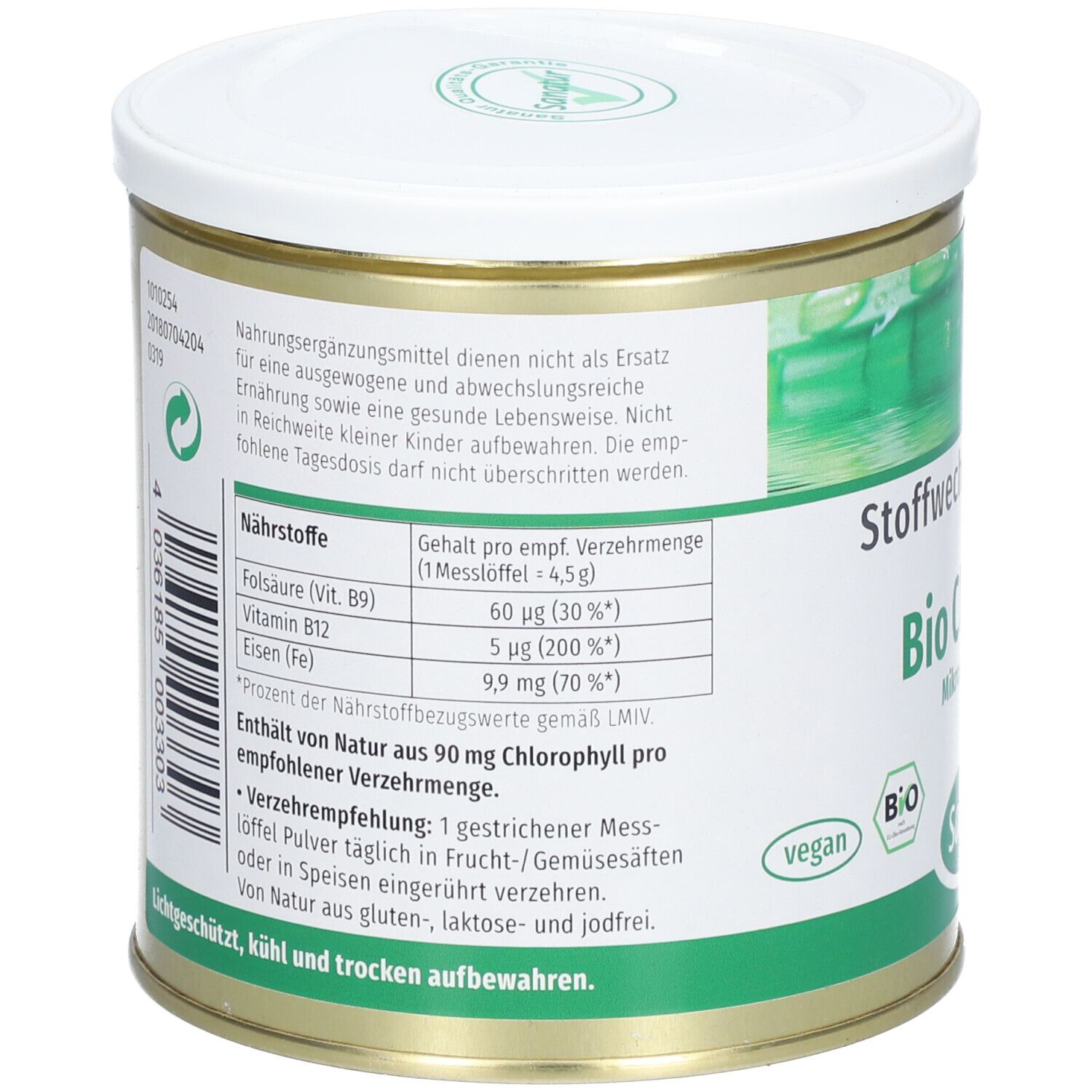 Rückseite der Dose. Enthält Nährstoffangaben: Folsäure, Vitamin B12, Eisen. Text: 'Verzehrempfehlung: 1 Messlöffel täglich'.