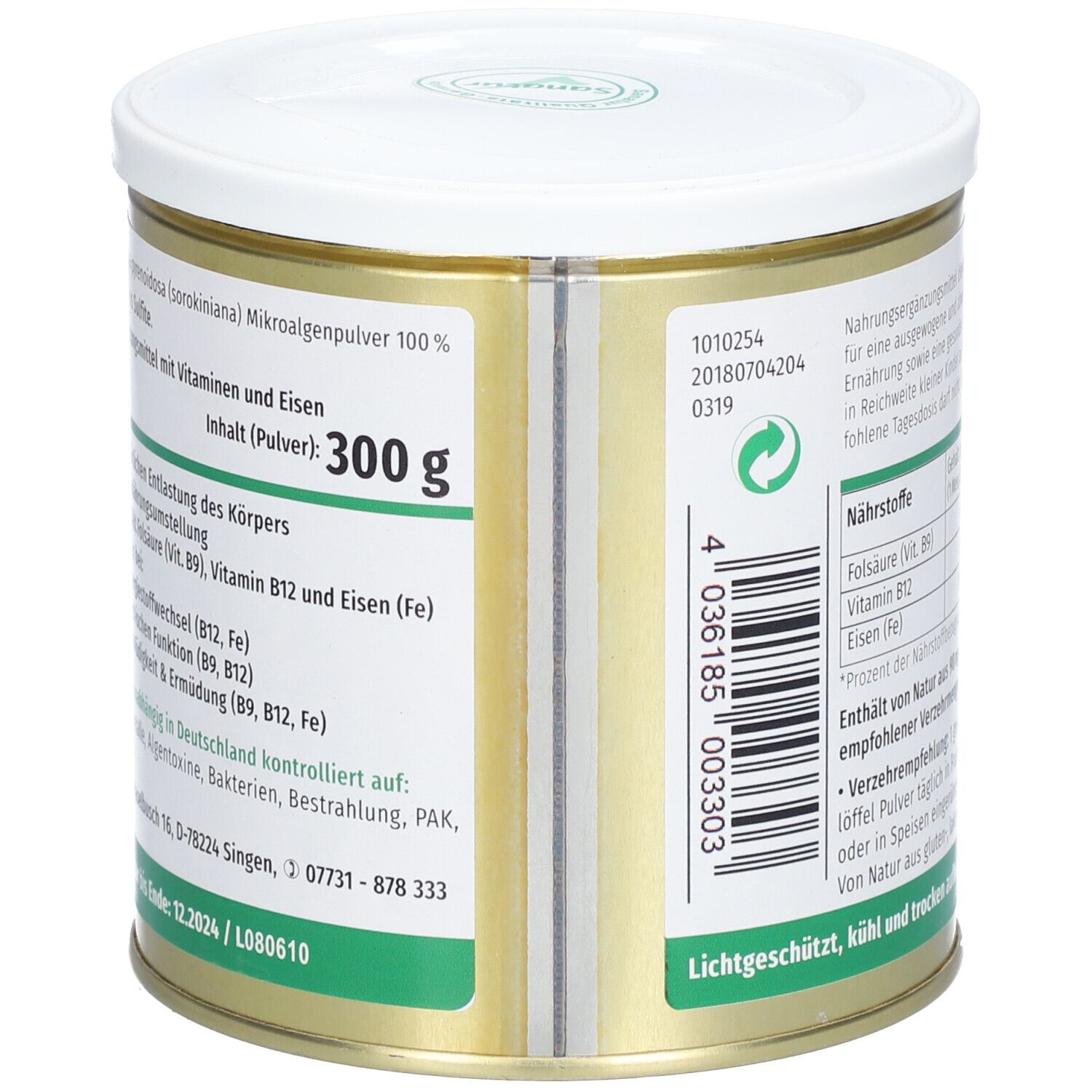 Rückseite der Dose. Enthält 300 g Pulver. Text: 'Inhalt (Pulver): 300 g'. Barcode und weitere Informationen.