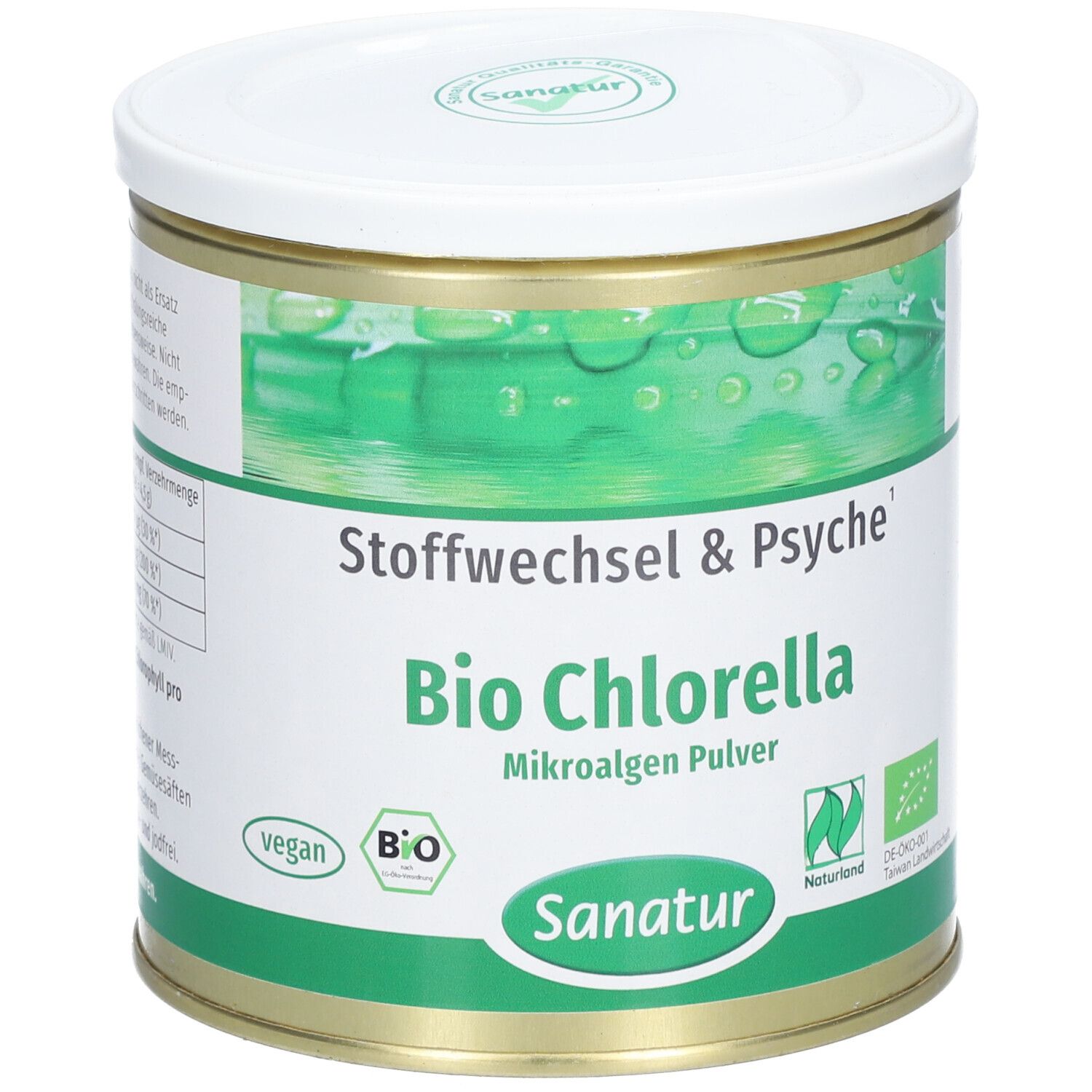 Dose mit weißem Deckel. Aufschrift: Bio Chlorella, Mikroalgen Pulver. Grün-weiße Etikettierung. Sanatur Logo.