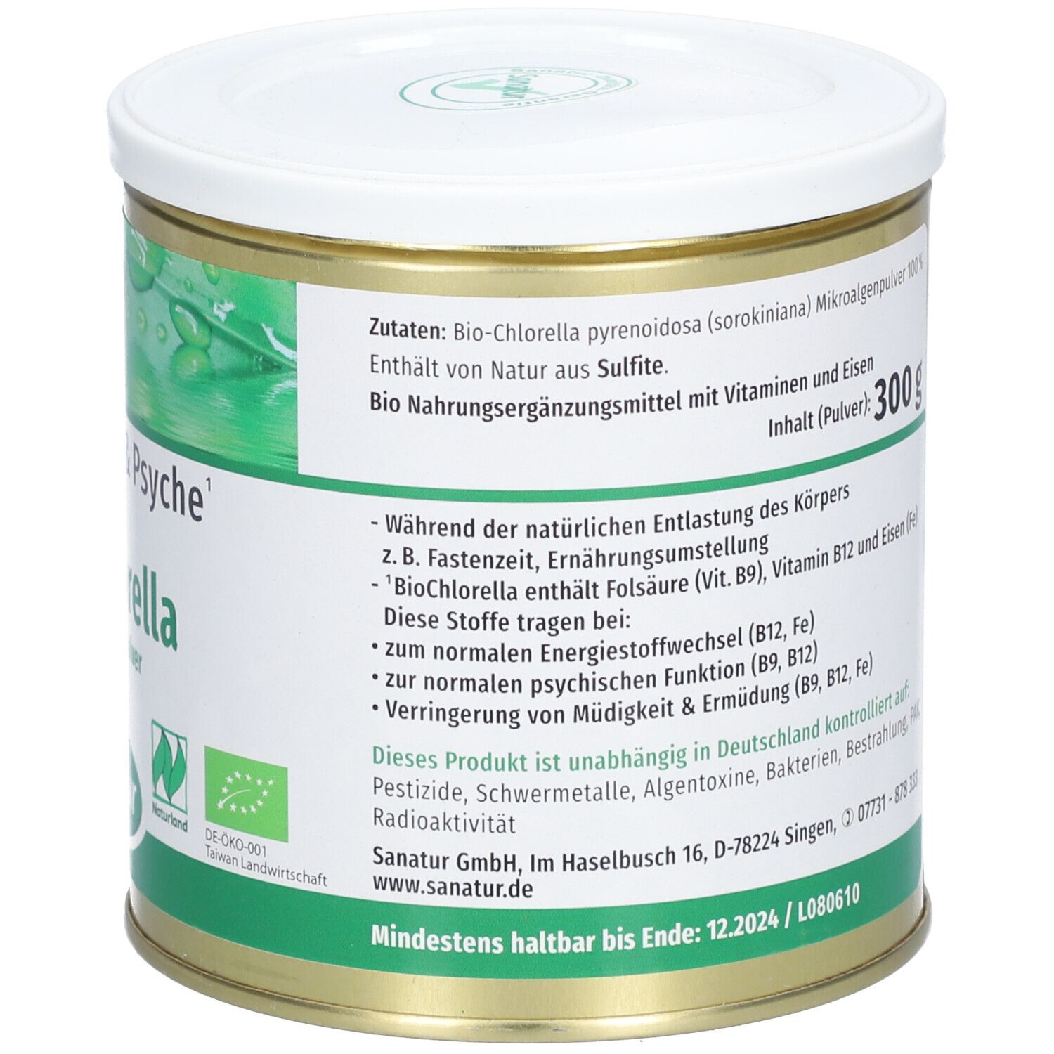 Rückseite der Dose. Enthält 300 g Pulver. Text: 'Inhalt (Pulver): 300 g'. Mindestens haltbar bis 12.2024.