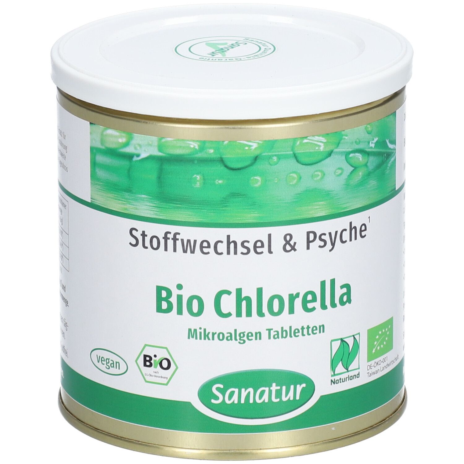 Runde Dose mit weißem Deckel. Aufschrift: Bio Chlorella Mikroalgen Tabletten. Sanatur-Logo. Vegan- und Bio-Siegel.