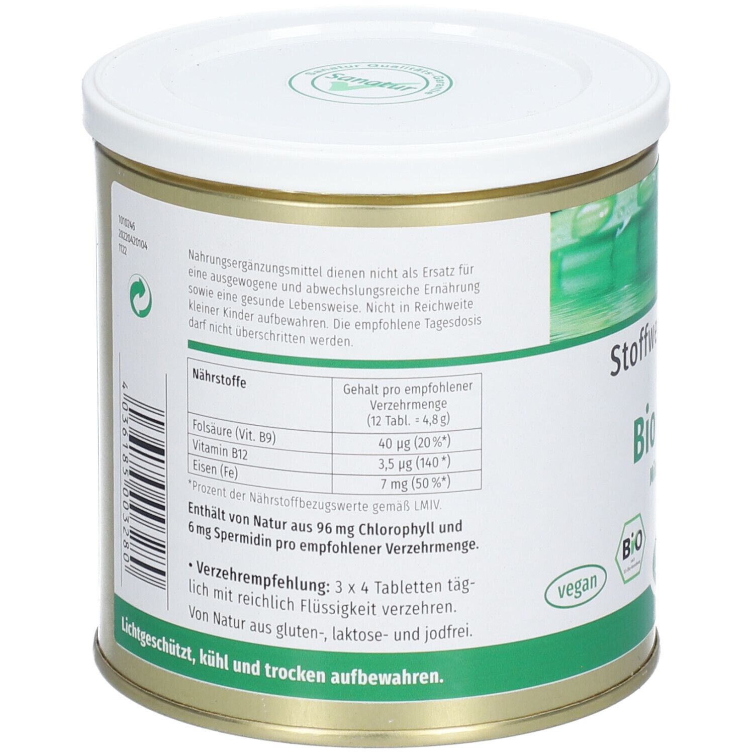 Rückseite der Dose. Text mit Nährwertangaben und Verzehrempfehlung. Bio- und Vegan-Siegel. Dose aus Metall mit weißem Deckel.