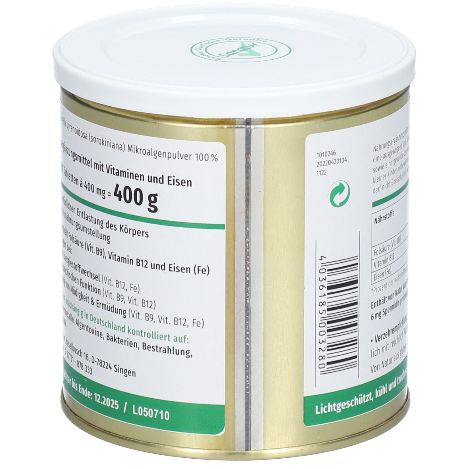 Dose mit weißem Deckel. Aufschrift: Nahrungsergänzungsmittel mit Vitaminen und Eisen. Inhalt: 400 g. Text mit Inhaltsstoffen. Bio-Siegel. Dose aus Metall.